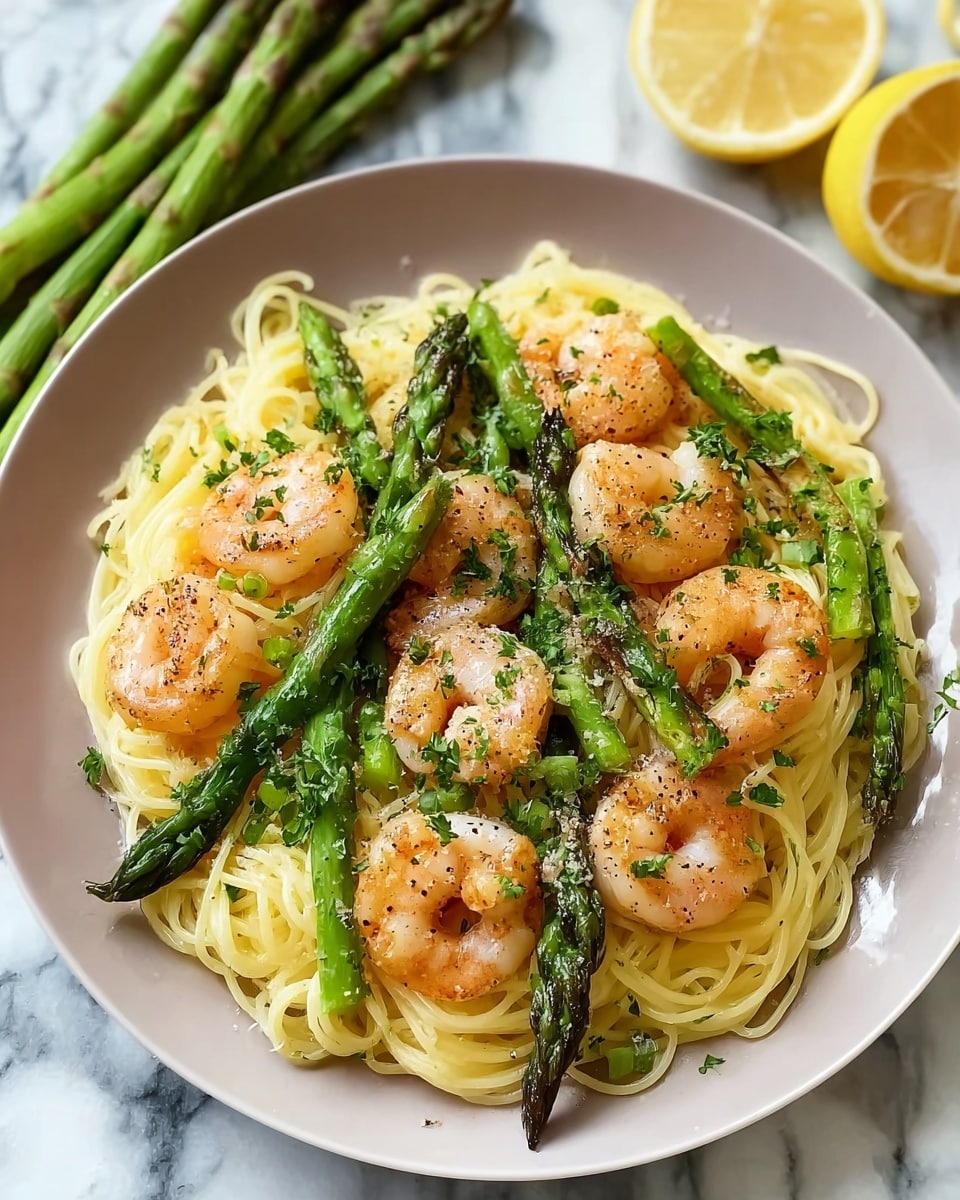 A white plate holds a serving of spaghetti pasta as the base layer, light yellow with a soft texture, topped with medium-sized pink shrimp scattered evenly. Green asparagus spears, slightly charred, lay across the pasta and shrimp in a crisscross fashion. The dish is sprinkled with finely chopped parsley and some black pepper for added texture. In the background, fresh asparagus and lemon halves are placed on a white marble surface. Photo taken with an iphone --ar 4:5 --v 7