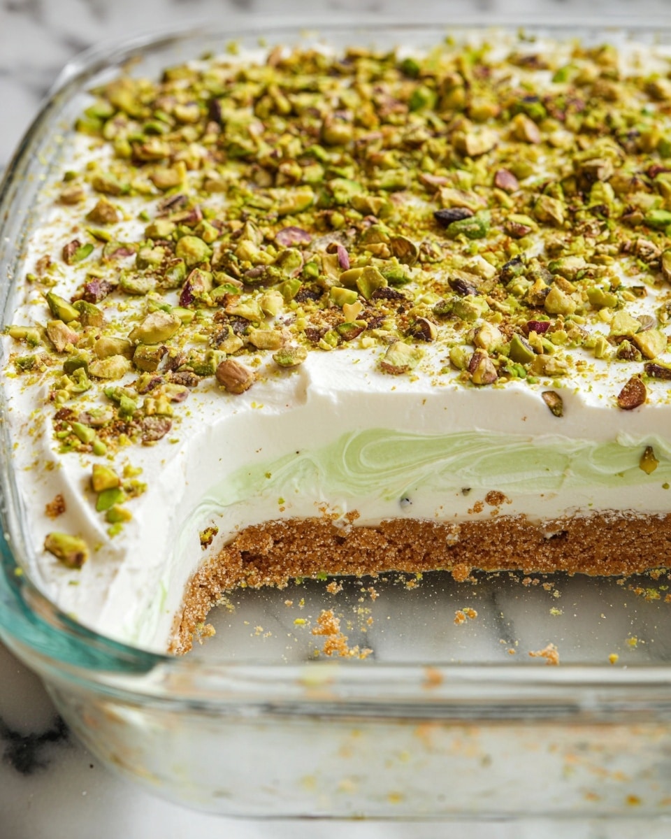 The image shows a close-up of a four-layer dessert in a clear glass dish set on a white marbled surface. The bottom layer is a light brown, crumbly crust that looks dry and firm. Above that is a thick, creamy white layer that looks smooth and soft. The third layer is a pale green, slightly translucent gelatin-like layer with a gentle swirling pattern. The top layer is a thick, fluffy white cream spread evenly with a rough texture topped with plenty of chopped green pistachio nuts scattered all over. The dish is mostly full except for one corner missing, revealing the layers clearly. Photo taken with an iphone --ar 4:5 --v 7