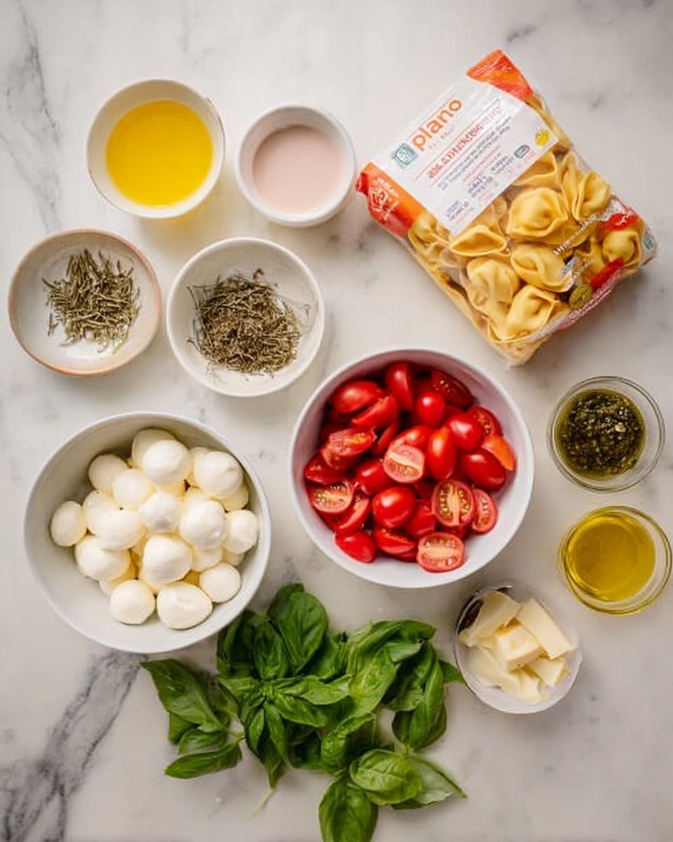 The image shows several small white bowls arranged on a white marbled surface, each filled with different ingredients. One bowl holds small, whole mozzarella balls, smooth and white. Another bowl contains bright red cherry tomatoes sliced in half, showing juicy insides. There is a white bowl with some dried herbs, and next to it a small white bowl with a light pink liquid. Fresh green basil leaves are scattered around the bowls for color contrast. A package of cheese tortellini with orange and white packaging is partially opened and placed near the top right. Additionally, a small amount of pesto sits on the surface near the bowls, along with a glass container of olive oil. The overall arrangement is neat and colorful, with a variety of fresh and packaged ingredients visible. Photo taken with an iphone --ar 4:5 --v 7