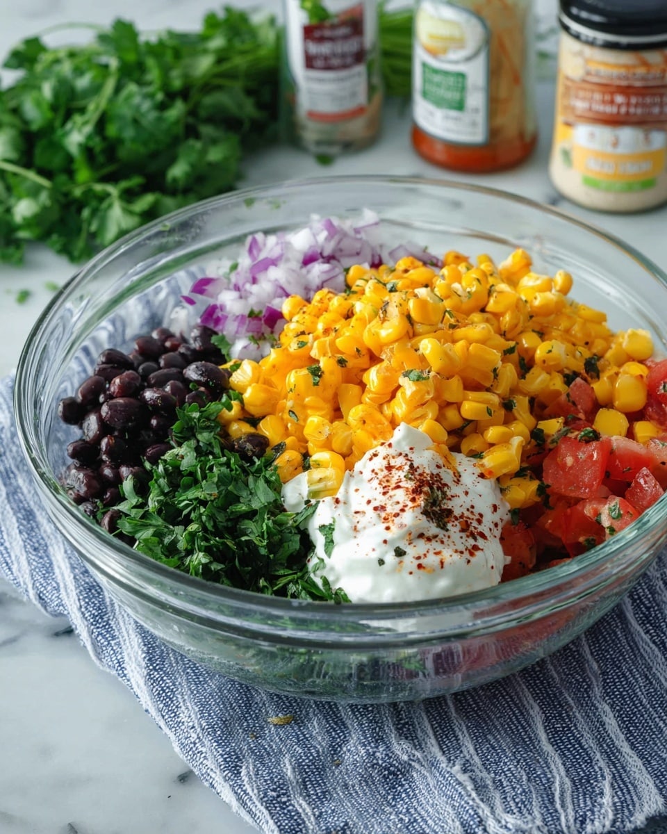The image shows a clear glass bowl filled with several layers of ingredients on a white marbled surface. The top layer consists of bright yellow grilled corn pieces with some char marks. Underneath, there are layers of black beans, chopped red tomatoes, finely diced purple onions, and chopped green cilantro. A dollop of white creamy mayo sits on the side, sprinkled with red chili powder and black pepper. The bowl is placed on a blue and white striped cloth, and in the background, there are jars of mayo and chili powder, along with a bunch of fresh green herbs. photo taken with an iphone --ar 4:5 --v 7