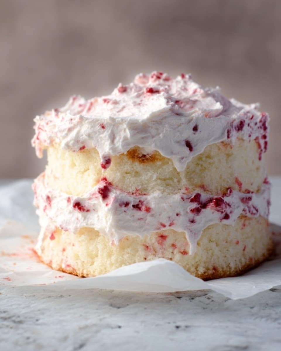 A tall two-layer white cake with fluffy texture sits on white parchment paper over a white marbled surface. Between the layers and covering the sides is a thick layer of white frosting mixed with small red bits, unevenly spread with some dripping down the sides. The top layer's frosting looks soft and slightly messy, giving the cake a homemade feel. Photo taken with an iphone --ar 4:5 --v 7