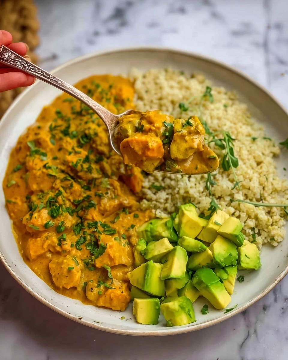 The image shows a white bowl filled with three main layers: the left side has a thick orange-yellow sauce with chunks of vegetables and herbs sprinkled on top, the back right side is filled with fluffy, light beige grains garnished with small green herbs, and the front right side is a pile of fresh, bright green diced avocado. A spoon with some of the orange-yellow sauce and vegetables is held above the bowl by a woman's hand. The setting includes a white marbled surface. photo taken with an iphone --ar 4:5 --v 7