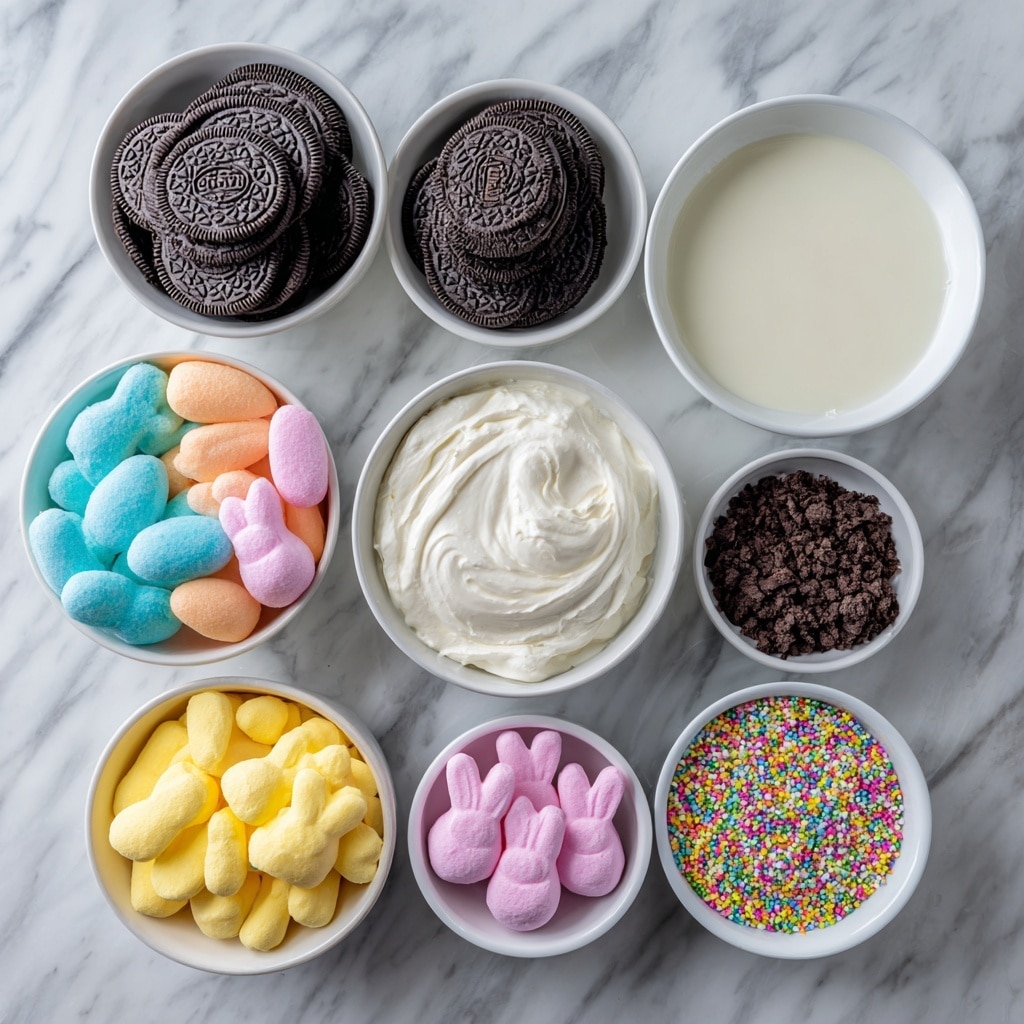 A clear round glass bowl filled with a dark brown crumbly layer resembling soil covers the entire inside. On top, there are six colorful marshmallow chick shapes in pastel pink, yellow, and blue, spaced evenly around the bowl's edge, each standing upright. Scattered among them are small, smooth oval candy eggs in pastel shades of yellow, blue, pink, and white, with a cluster of them grouped in the center. The bowl sits on a white marbled surface with a colorful pastel plaid cloth partially visible nearby. In the background, a wooden decorative piece with pastel-colored letters spelling