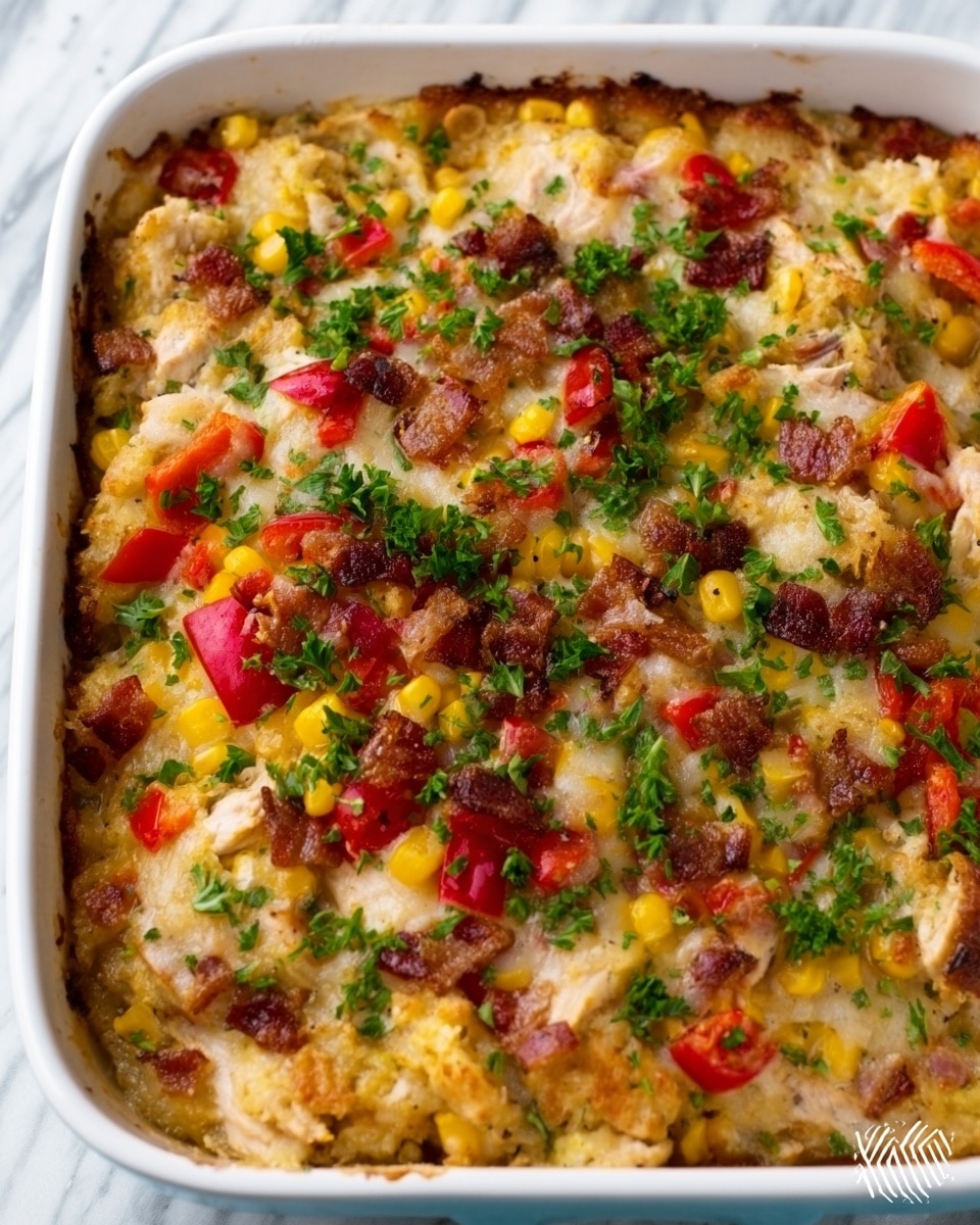 The dish is a colorful casserole in a white rectangular baking dish, placed on a white marbled surface. The top layer is golden brown with melted cheese, sprinkled with chopped green herbs and small pieces of crispy bacon. Underneath the cheese, there are visible chunks of yellow corn, red bell peppers, and bits of shredded chicken mixed with a creamy sauce. The texture looks soft and slightly creamy with some crispy edges around the top. photo taken with an iphone --ar 4:5 --v 7