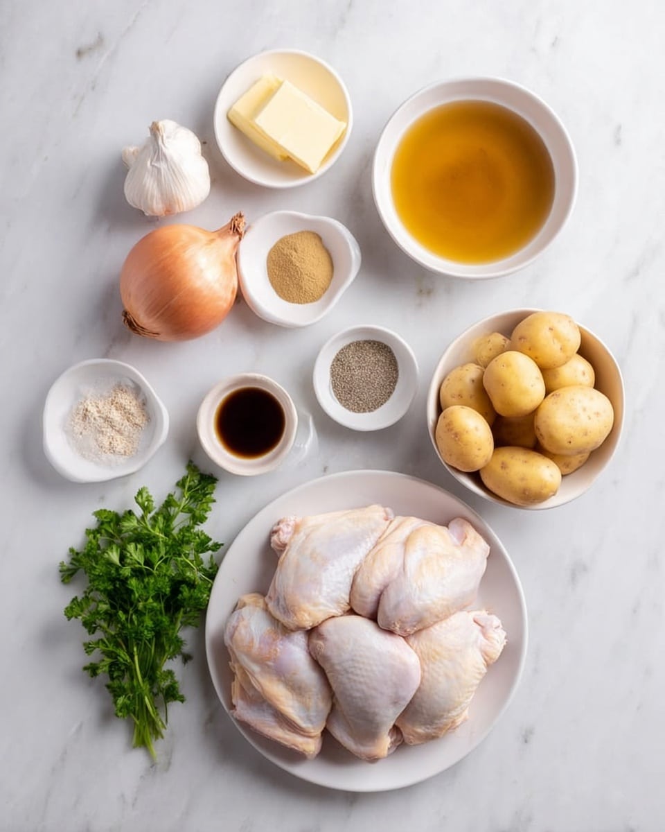 The image shows several white bowls and a white plate arranged on a white marbled surface. The white plate holds multiple raw chicken pieces with pale skin, stacked loosely. Around the plate, there are small white bowls containing different ingredients: a light yellow butter cube, a dark golden honey-like liquid, two types of finely ground spices in grey and beige colors, and a bowl with brown mustard. A medium-sized brown onion, two cloves of garlic, a bunch of fresh green parsley, and a bowl filled with small yellow potatoes complete the layout. The overall setting is neat and bright, emphasizing the natural colors and textures of the ingredients. Photo taken with an iphone --ar 4:5 --v 7