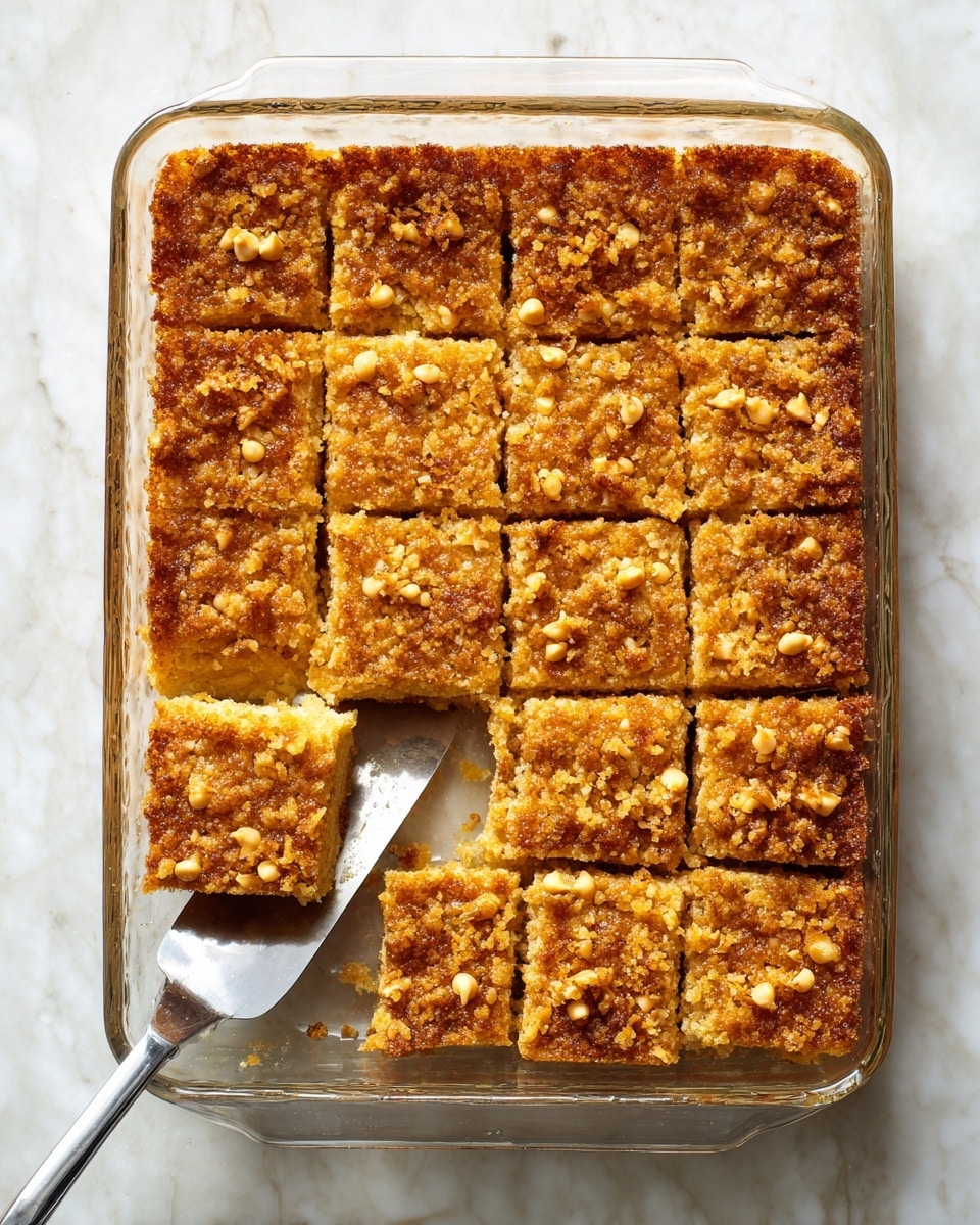 A rectangular glass baking dish filled with a golden brown dessert, cut into 12 smaller squares. The top layer is textured and speckled with small light brown chips evenly scattered across the surface. One square is missing from the bottom left corner, and a metal spatula with a white handle rests partially under the missing piece. The dish is placed on a white marbled surface. Photo taken with an iphone --ar 4:5 --v 7
