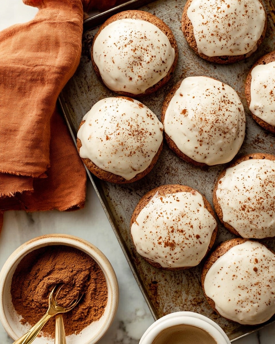 A close-up view of a metal baking tray filled with eight round pastries, each topped with a thick, creamy white icing layer that is sprinkled lightly with brown cinnamon powder. The pastries show a rough, slightly cracked texture underneath the smooth icing. Next to the tray on a white marbled surface is a white bowl filled with brown cinnamon powder and a golden spoon inside it. There is an orange-brown cloth in the upper left corner and a white cup with a hot drink partially visible in the top right corner. Photo taken with an iphone --ar 4:5 --v 7