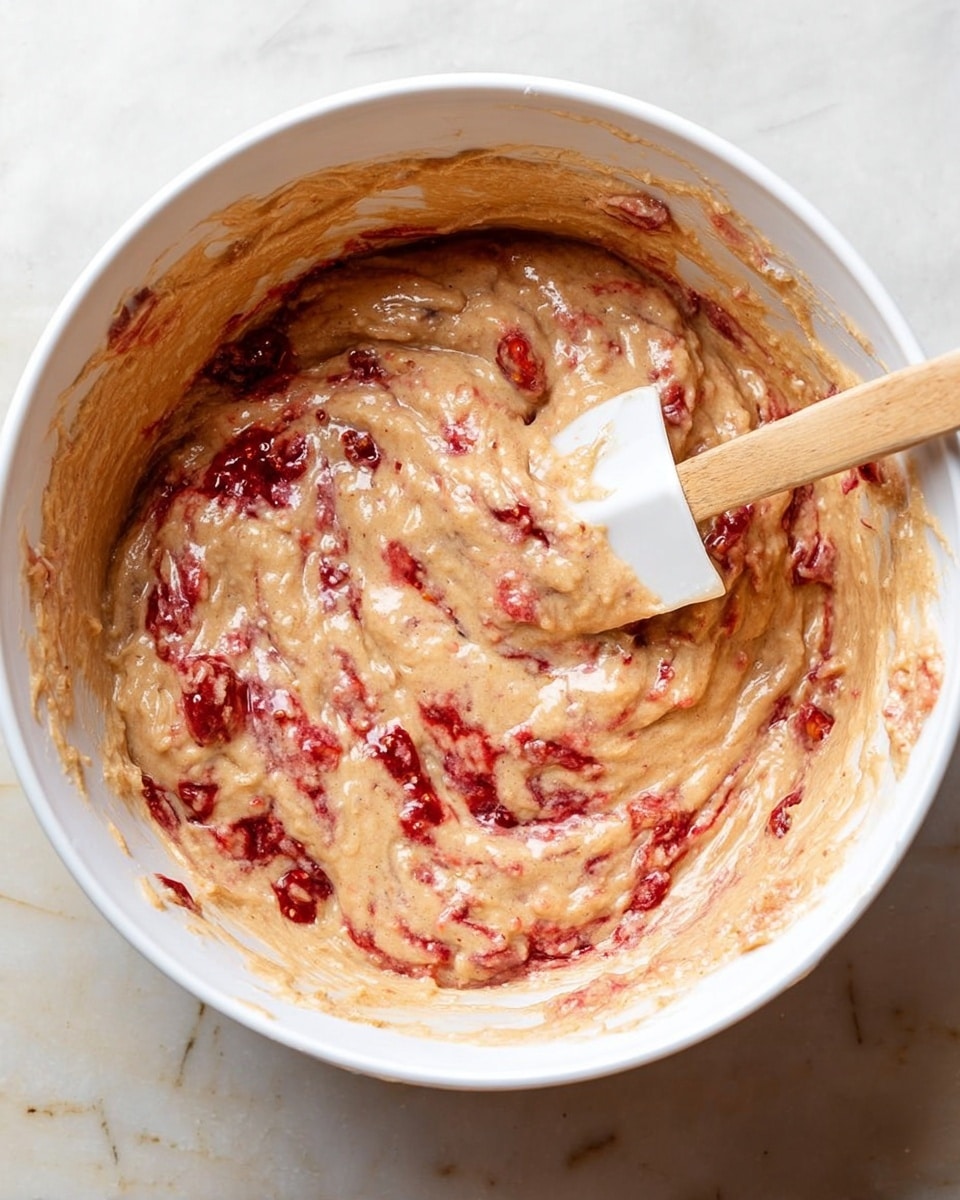 The image shows a white bowl filled with a thick, creamy batter that is light brown with red swirls and chunks mixed throughout, creating a marbled effect. The batter has a slightly lumpy texture with uneven bits of red fruit or jam spread across the surface and around the edges of the bowl. A white spatula with a wooden handle is partially dipped into the batter, lifting a bit of the mixture. The bowl rests on a white marbled surface, and the lighting highlights the smooth and sticky texture of the batter. photo taken with an iphone --ar 4:5 --v 7