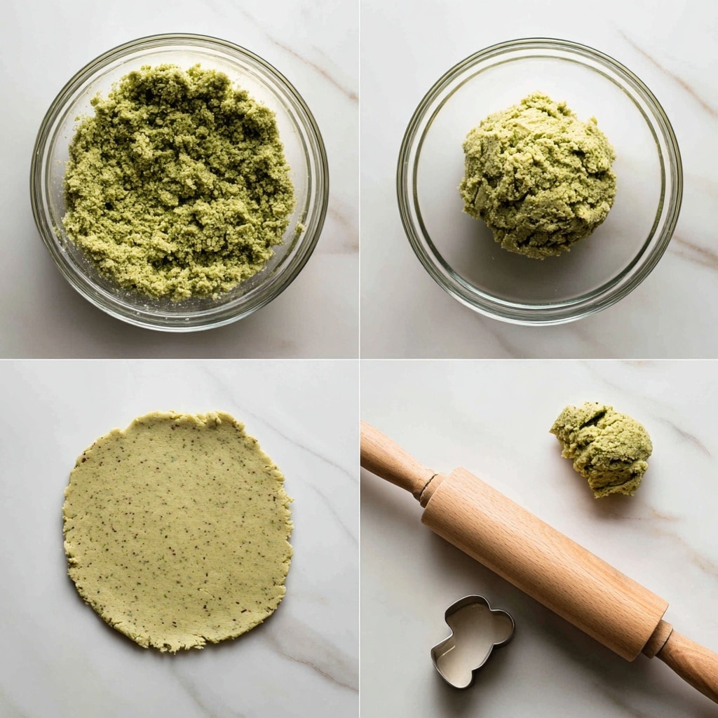 The image is divided into four parts showing a green dough mixture and the process of shaping it. The first layer, top left, shows a clear glass bowl filled with loose, crumbly green dough with a rough texture. The second layer, top right, shows the same bowl with the dough pressed together into a solid, chunky ball, still with a rough texture. The third layer, bottom left, presents the green dough rolled flat on a white marbled surface, the texture is pressed smooth but still speckled with tiny dark bits, and there is a light brown wooden rolling pin placed on the right side of the dough. The fourth layer, bottom right, shows the same flat green dough with a small bone-shaped cookie cutter cutting one piece out, with the bone-shaped cut dough piece beside it on the left. Photo taken with an iphone --ar 4:5 --v 7