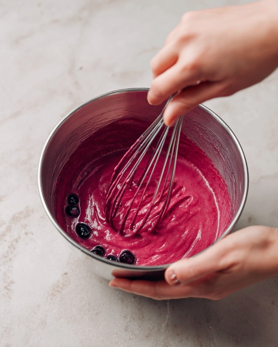 A close-up photo shows a woman's hand using a metal whisk to mix a bright pink-red batter in a shiny silver mixing bowl placed on a white marbled surface. The batter looks thick and smooth with some whole dark purple berries floating on one side near the edge of the bowl. The woman's other hand holds the bowl steady while the whisk moves through the vibrant mixture. The light reflects softly off the metal bowl and the marbled surface below, creating a clean and fresh kitchen scene. photo taken with an iphone --ar 4:5 --v 7