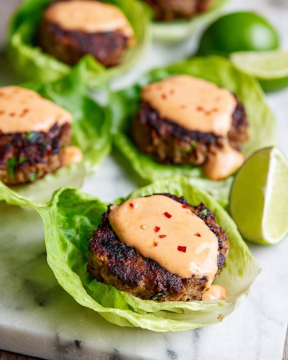 The image shows small round patties with a dark brown, slightly charred texture on top, placed on light green lettuce leaves that serve as cups. Each patty is topped with a smooth, creamy light orange sauce with tiny red specks. These lettuce cups rest on a white marbled surface and are arranged close to each other. A sliced lime with bright green skin and light green inside is visible in the background, adding a fresh touch. photo taken with an iphone --ar 4:5 --v 7