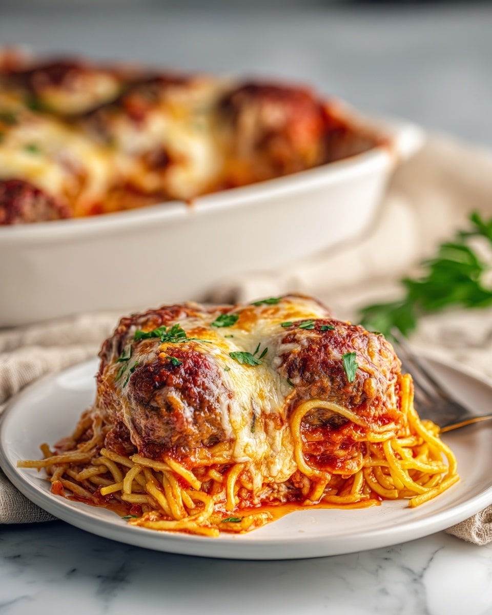 A thick slice of baked spaghetti sits in the middle of a white plate, showing three large browned meatballs layered in the top half, covered with melted golden and white cheese with browned spots and sprinkled with small green parsley pieces. Below the meatballs, yellow spaghetti noodles peek out, coated lightly in tomato sauce that also surrounds the plate’s edges. In the background, blurred but visible, is a deep white casserole dish filled with more of the same baked spaghetti, with melted cheese and parsley on top, placed on a white marbled surface with a soft beige cloth nearby. Photo taken with an iphone --ar 4:5 --v 7