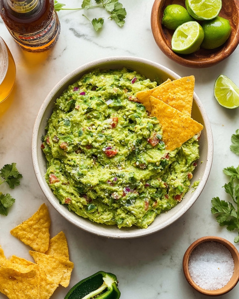 A close-up view of a blue bowl filled with a creamy green guacamole mixed with visible small pieces of red tomatoes, purple onions, and green herbs. A woman's hand is holding a yellow tortilla chip scooping into the guacamole on the right side of the bowl. More yellow tortilla chips are partially visible inside the bowl, and fresh lime wedges rest on the white marbled surface around the bowl. Fresh green cilantro leaves and a green jalapeño pepper are near the bowl, adding a fresh touch. The photo taken with an iphone --ar 4:5 --v 7