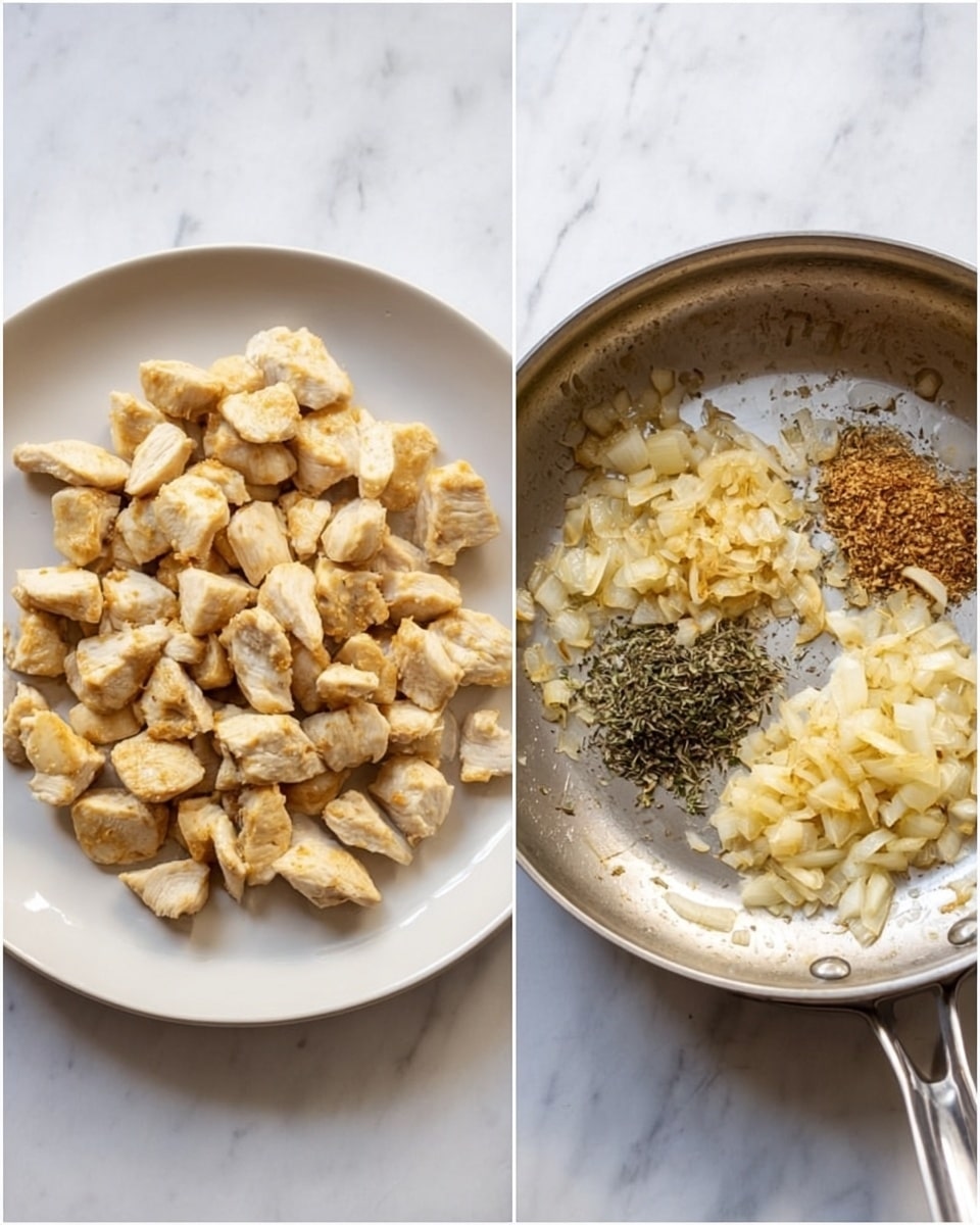 The image on the left shows a white plate filled with many small, light golden brown pieces of cooked chicken, evenly spread out. The plate is placed on a white marbled surface. The image on the right shows a silver pan with caramelized pale yellow and light brown onion slices, a small pile of minced garlic in the middle, and some sprinkled dried green and black herbs on the right side of the pan, also resting on the white marbled surface. photo taken with an iphone --ar 4:5 --v 7
