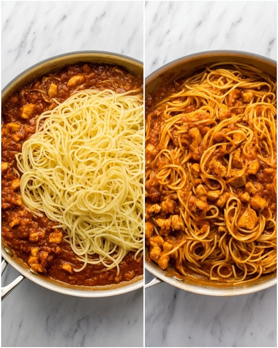 Two side-by-side images show a silver pan on a white marbled surface. The left image has a layer of chunky brown tomato sauce with pieces of chicken at the bottom of the pan, topped with a heap of pale yellow cooked spaghetti noodles. The right image shows the same pan with the spaghetti and sauce fully mixed, creating a uniform deep reddish-brown color with chicken pieces evenly spread throughout the spaghetti strands. Photo taken with an iphone --ar 4:5 --v 7