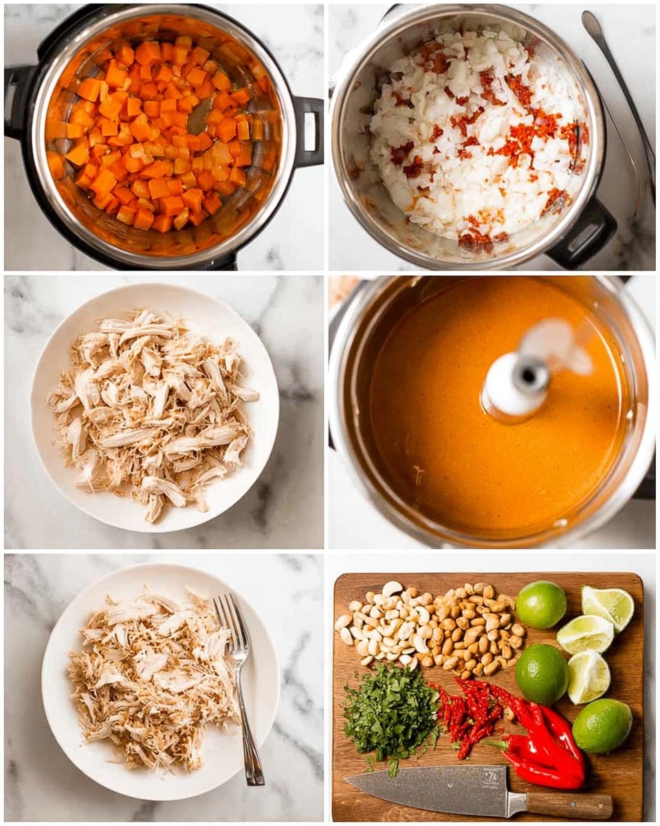 The image shows six photos arranged in two rows of three. The top left photo has a close-up of orange diced pieces in a silver pot. The top middle photo shows a silver pot with white and red ingredients mixed together with a slight creamy texture. The top right photo shows a thick orange soup or sauce being blended inside a silver pot with an immersion blender. The bottom left photo has shredded beige meat on a white plate with a fork on the side. The bottom middle photo shows a white plate filled with shredded chicken pieces. The bottom right photo has a wooden cutting board with three piles of chopped ingredients: beige nuts on the left, green herbs in the middle, and red peppers on the right, with sliced limes and a knife above. All photos have a white marbled background photo taken with an iphone --ar 4:5 --v 7