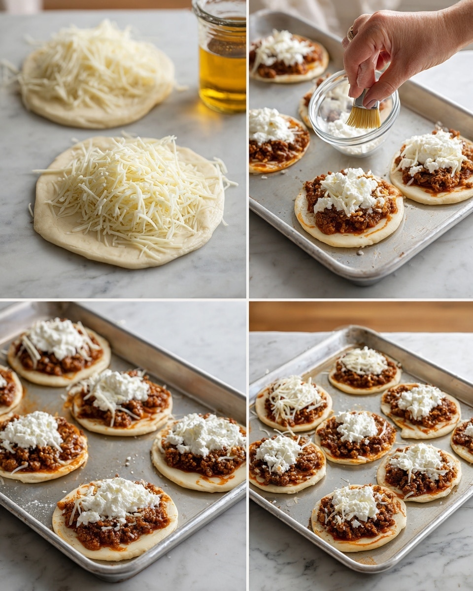 The image shows four steps of making small round mini pizzas on a metal tray with a white marbled counter beneath. The first step has a single mini pizza dough circle topped with a layer of white shredded cheese, and a woman's hand brushing oil around it. In the second step, a woman's hand is holding a small glass bowl and pouring white ricotta cheese over a layer of cooked ground meat spread on the dough. The third step shows six mini pizzas arranged on the metal tray, each topped with cooked ground meat and shredded cheese. The last step shows six mini pizzas on the baking tray with cooked ground meat topped with scattered dollops of white ricotta cheese, ready to bake. Photo taken with an iphone --ar 4:5 --v 7