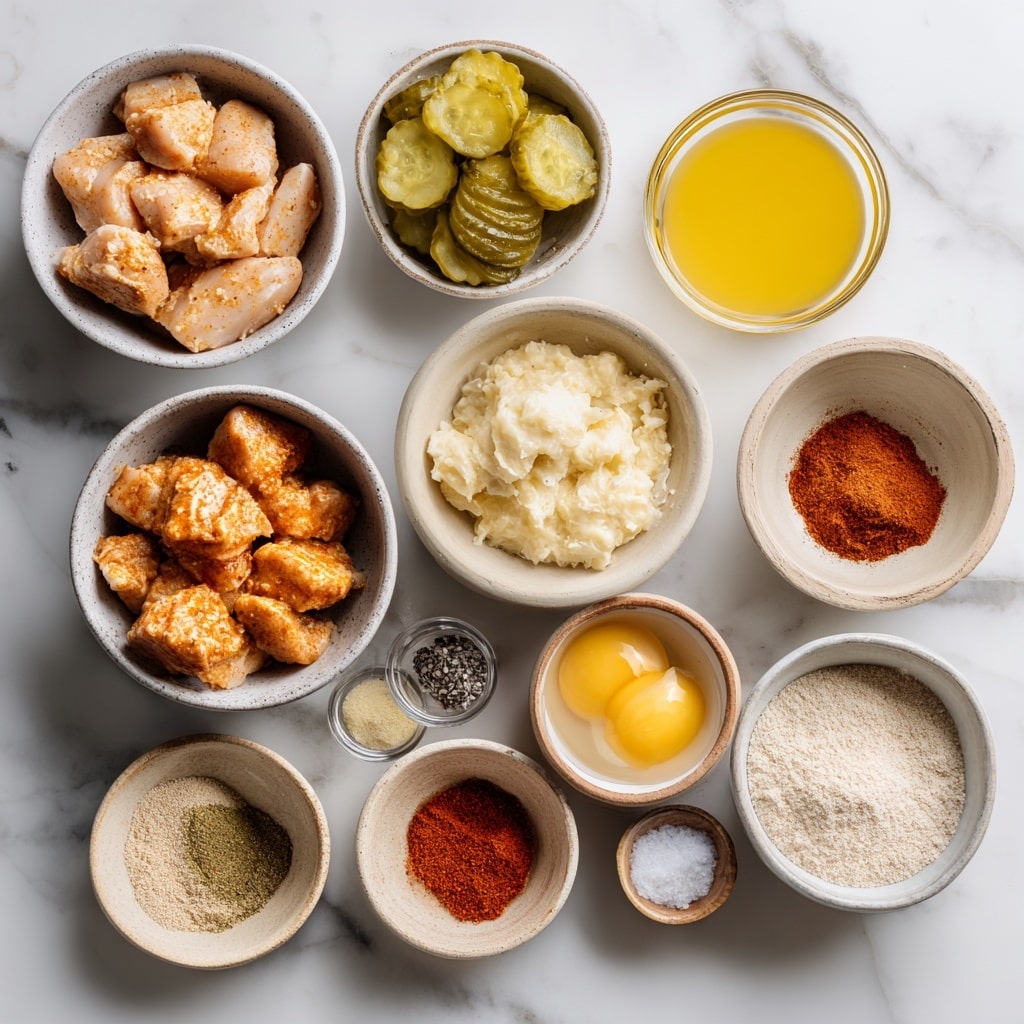 The image shows three skewers laid on a white rectangular tray lined with white parchment paper, all resting on a silver wire rack over a white marbled surface. Each skewer has alternating layers of golden crispy fried chicken pieces and thick green pickle slices. In the center of the tray, there is a small round white bowl filled with a creamy, light orange dipping sauce with visible black specks. A few pickle slices are placed blurred in the background. The lighting is bright and natural, highlighting the texture of the fried chicken and the glossy pickles. photo taken with an iphone --ar 4:5 --v 7