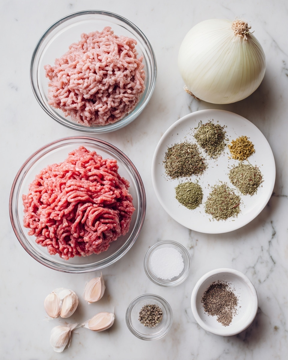 The image shows several ingredients arranged on a white marbled surface. In the center and slightly lower are two clear glass bowls, one with bright red ground beef on the left, and the other with a lighter pink ground lamb on the right. Above the bowls is a whole white onion with smooth texture. To the right of the onion, a white plate holds five small piles of dried herbs, each with different green and yellowish shades and fine to coarse textures, arranged in a circular pattern. Below the onion and bowls are small white dishes; on the left is a bowl with four garlic cloves, smooth and pale pinkish-beige in color. To the right of the lamb bowl are two small glass bowls, one with dark ground pepper and another with coarse white sea salt. The scene is bright and clean with a sharp focus on the food items. photo taken with an iphone --ar 4:5 --v 7