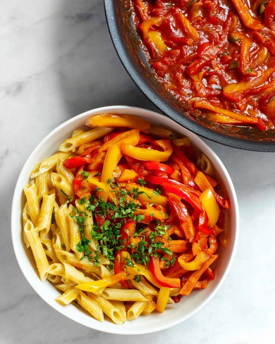 A white bowl filled with three layers of food is placed on a white marbled surface. The bottom layer is cooked penne pasta, light yellow in color with a soft texture. The middle layer has bright red and yellow bell pepper strips scattered among the pasta, adding bright colors and a slight shine. The top layer is a light sprinkle of green chopped herbs spread over the pasta and peppers, adding fresh visual contrast. Next to the bowl is a black pan filled with a thick red tomato-based sauce that has visible slices of red and yellow bell peppers and small green herb pieces mixed in. The image is bright and colorful, with the food looking fresh and vibrant photo taken with an iphone --ar 4:5 --v 7