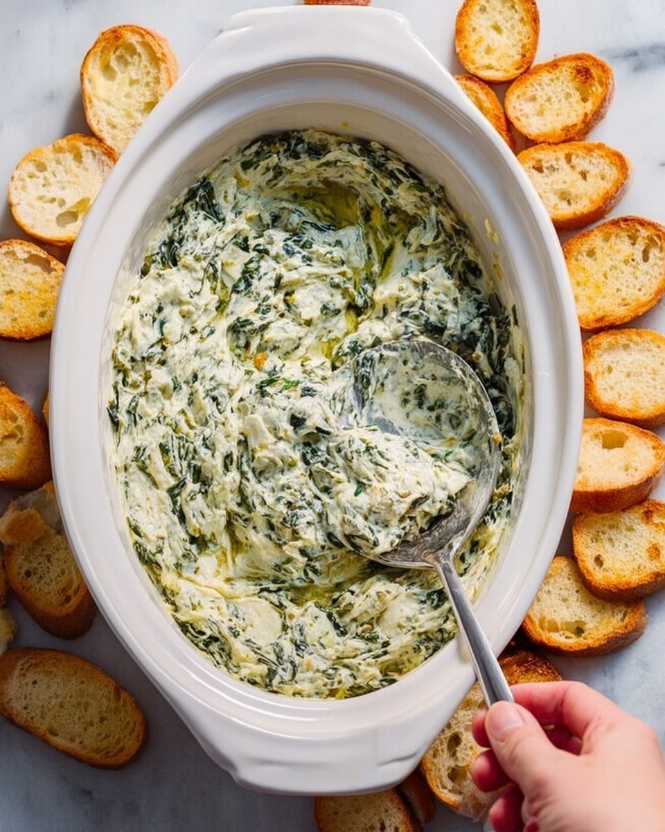 A large white oval dish filled with creamy spinach dip that has a mix of light green and white colors with visible spinach pieces. A woman's hand is holding a large silver spoon scooping some dip from the dish. Around the dish are several small round toasted bread slices, showing a golden brown crust and a light inside. The whole scene is set on a white marbled surface. photo taken with an iphone --ar 4:5 --v 7