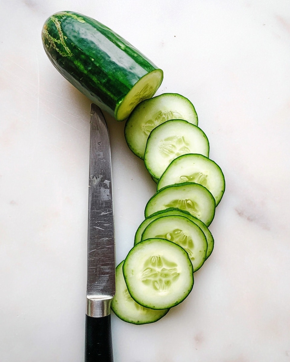 A dark green cucumber is partially sliced into thin, almost transparent rounds, arranged in a curved fan shape extending from the uncut part. The bright light green flesh with small white seeds is visible inside each slice. Next to the cucumber lies a sharp knife with a black handle and a slightly worn metal blade resting on a white marbled surface. The photograph is simple and bright. photo taken with an iphone --ar 4:5 --v 7