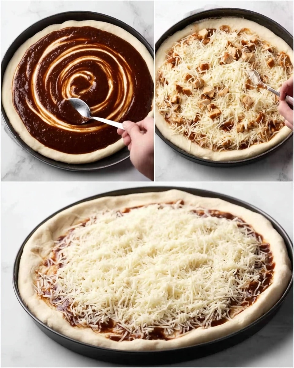 A white bowl shaped pizza dough with thick edges on a black pan, spread with a rich dark brown sauce in a spiral pattern using a spoon held by a woman's hand. The middle image shows the same dough now topped with shredded light beige onions and small cubes of light brown chicken over the sauce. The last image shows the pizza evenly covered with a thick layer of shredded white cheese, fully covering the chicken and onions, ready for baking, all placed on a white marbled surface. Photo taken with an iphone --ar 4:5 --v 7