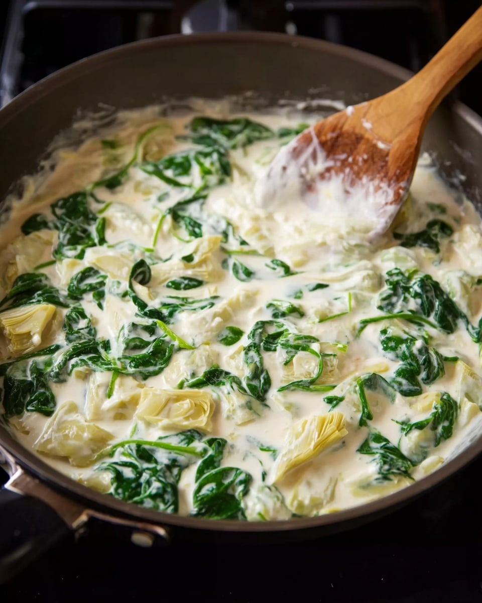 A close-up view of a frying pan filled with a creamy white sauce mixed with bright green spinach leaves and soft pale yellow pieces of artichoke. A wooden spoon rests on the edge of the pan, partially covered by the sauce, indicating that the mixture is being stirred. The sauce has a smooth and slightly thick texture, with the spinach leaves scattered evenly across the surface and the artichoke pieces mixed throughout, creating a pleasant contrast between the green and pale yellow colors. The pan sits on a black stovetop, and the focus is on the rich, creamy mixture inside. photo taken with an iphone --ar 4:5 --v 7