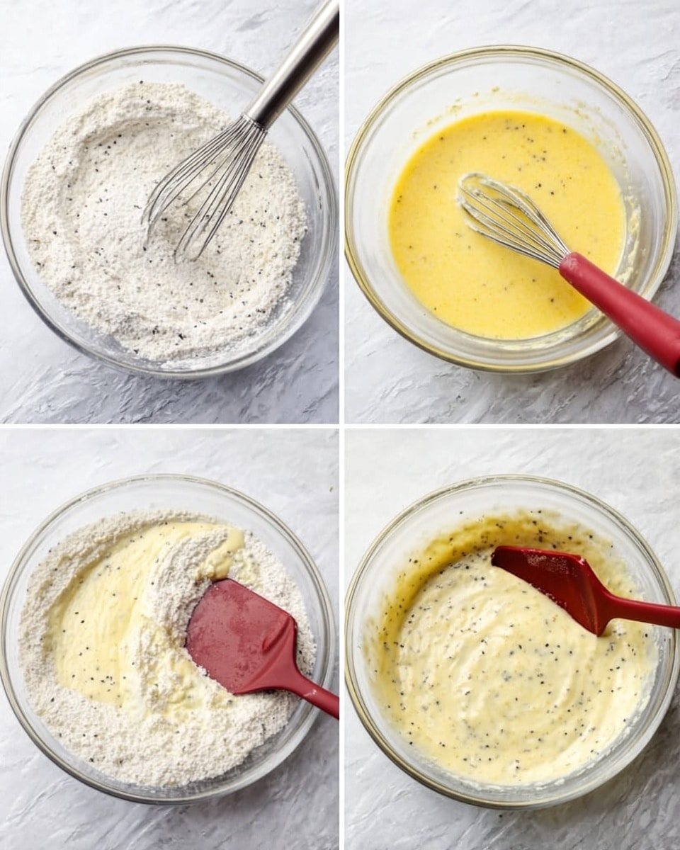 The image shows four clear glass bowls, each placed on a white marbled surface. The first bowl contains a dry white flour mixture with visible small black specks of seasoning and a whisk inside. The second bowl shows a yellow liquid mixture, smooth in texture, with the same whisk partially submerged. The third bowl is a mix of the flour and the yellow liquid, with a red spatula partially stirring the ingredients, showing a half-mixed liquid and powder blend. The fourth bowl has a thick, pale yellow batter with black specks evenly spread, showing a smooth and well-mixed texture with the red spatula resting inside. Photo taken with an iphone --ar 4:5 --v 7