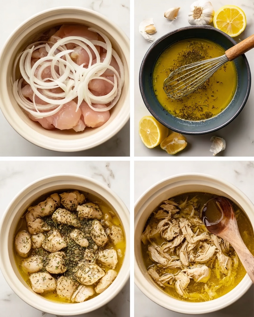 The image is divided into four parts showing stages of cooking in a white round container. The first part shows raw pieces of pink chicken with white sliced onion rings spread on top. The second part shows a black bowl with a mix of yellow liquid, dark herbs, and a whisk with a wooden handle inside it, placed on a white marbled surface with lemon halves and garlic cloves around it. The third part shows cooked chicken pieces in the white container, covered in a yellow broth with herbs, and a wooden spoon resting inside. The last part shows the chicken shredded and mixed with cooked onions in the broth inside the white container, with the wooden spoon still in the scene. Photo taken with an iphone --ar 4:5 --v 7