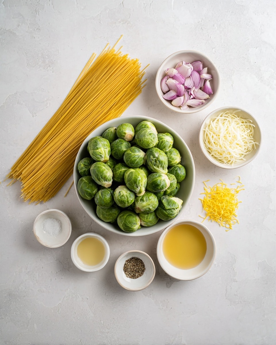 The image shows seven items arranged neatly on a white marbled surface. At the center is a white bowl filled with many fresh green Brussels sprouts. To the left of the bowl are long strands of uncooked yellow pasta spread out flat. Above the pasta, there are three small white bowls: one with finely minced garlic, one with pale purple sliced shallots, and one filled with shredded white cheese. To the right of the Brussels sprouts, there is a small pile of yellow lemon zest placed directly on the white marbled surface. Below the lemon zest, three small white bowls hold different liquids and seasonings: a pale yellow liquid, a clear golden liquid, and a mix of salt and black pepper. The photo taken with an iphone --ar 4:5 --v 7