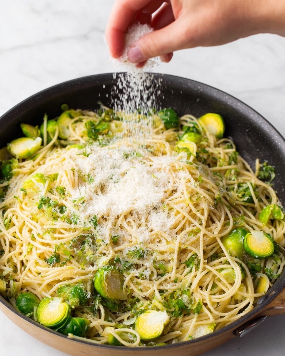 A woman's hand is sprinkling grated cheese over a black pan filled with cooked spaghetti mixed with halved Brussels sprouts and chopped green herbs. The spaghetti strands are light yellow, thin, and spread evenly throughout the pan, with green Brussels sprouts scattered on top and mixed in. The cheese is white and finely grated, falling gently over the pasta and vegetables. The background surface has a white marbled texture. Photo taken with an iphone --ar 4:5 --v 7