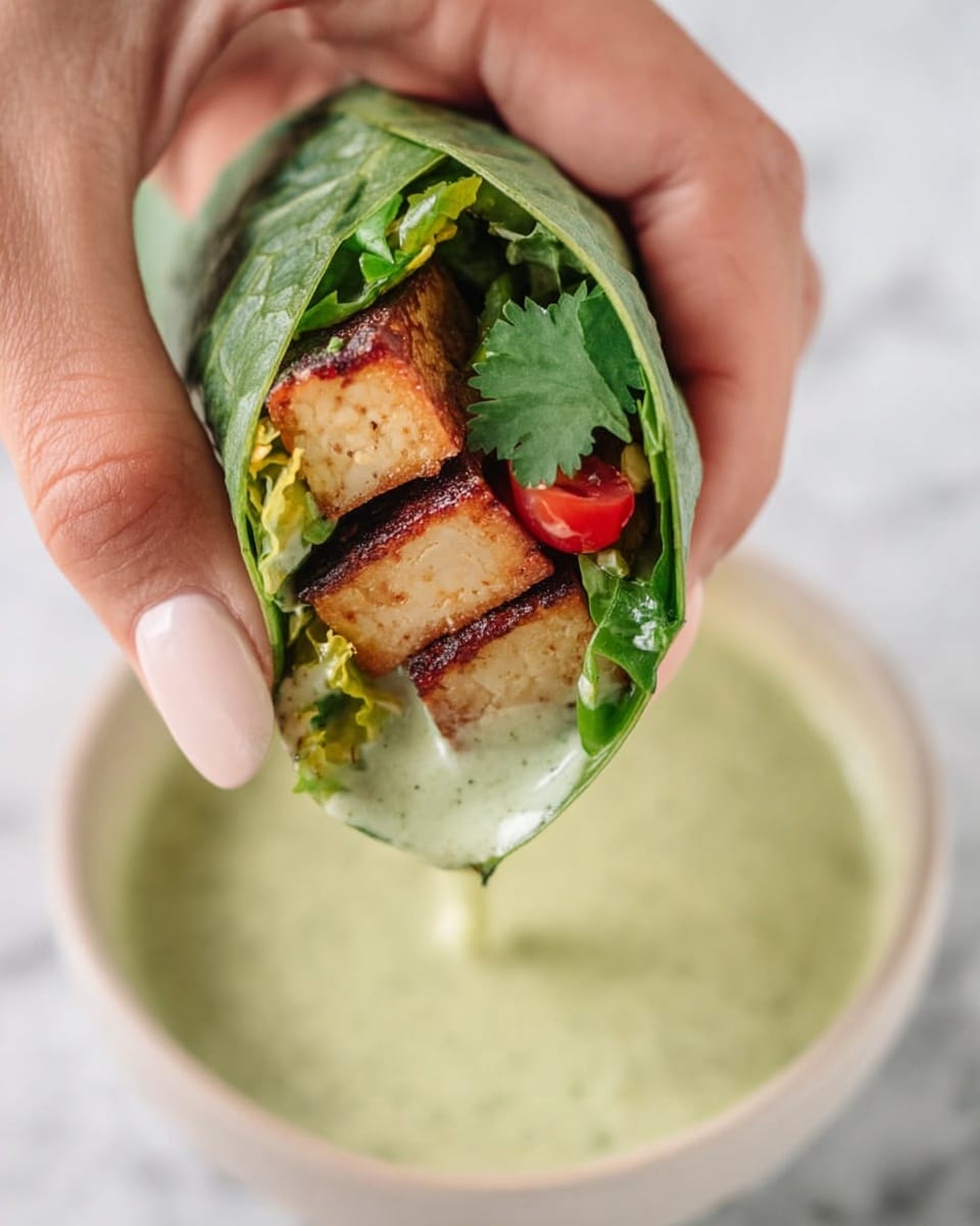 A woman's hand with light beige nail polish holds a fresh green leafy wrap filled with three visible layers: two thick pieces of grilled tofu with a browned outer texture, green cilantro leaves, and a small red slice of tomato. The wrap is partly dipped into a creamy pale green sauce inside a white bowl. The background is a white marbled surface. photo taken with an iphone --ar 4:5 --v 7