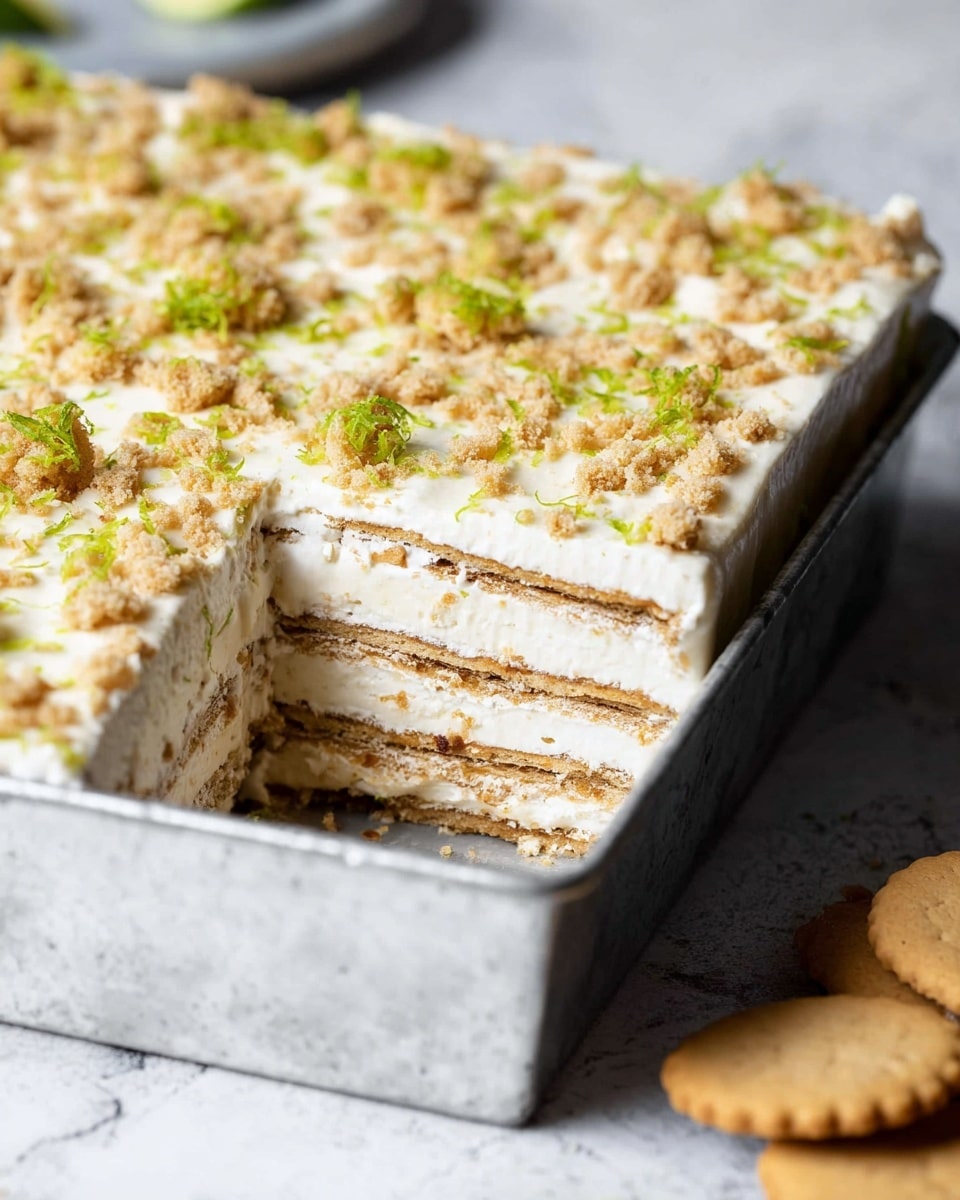This image shows a layered dessert in a silver baking tray with a slice taken out from the front left corner. The dish has about seven visible layers alternating between light brown, thin biscuit biscuits and a creamy white filling. The top layer is white cream, garnished with crushed light brown biscuit pieces and scattered bright green lime zest, adding texture and color contrast. The tray rests on a white marbled surface, with some round biscuit cookies partially visible on the right side. Photo taken with an iphone --ar 4:5 --v 7