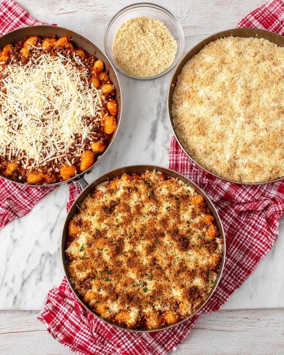 The image shows three steps of making a baked dish in a round pan on a white marbled surface with a red and white checkered cloth in the background. In the first step, the pan holds a base layer of orange gnocchi mixed with a red sauce and browned meat, topped with a layer of shredded white cheese. To the side, a glass bowl contains a light tan breadcrumb mixture. The second step shows the same pan with the white shredded cheese layer now fully covered by a thick, even layer of the light tan breadcrumb mixture. In the third step, the breadcrumb topping is browned and crispy with some crispy dark spots, sprinkled with small green herb pieces, and the cheese beneath is melted and light golden. The dish looks hot and ready to serve. Photo taken with an iphone --ar 4:5 --v 7