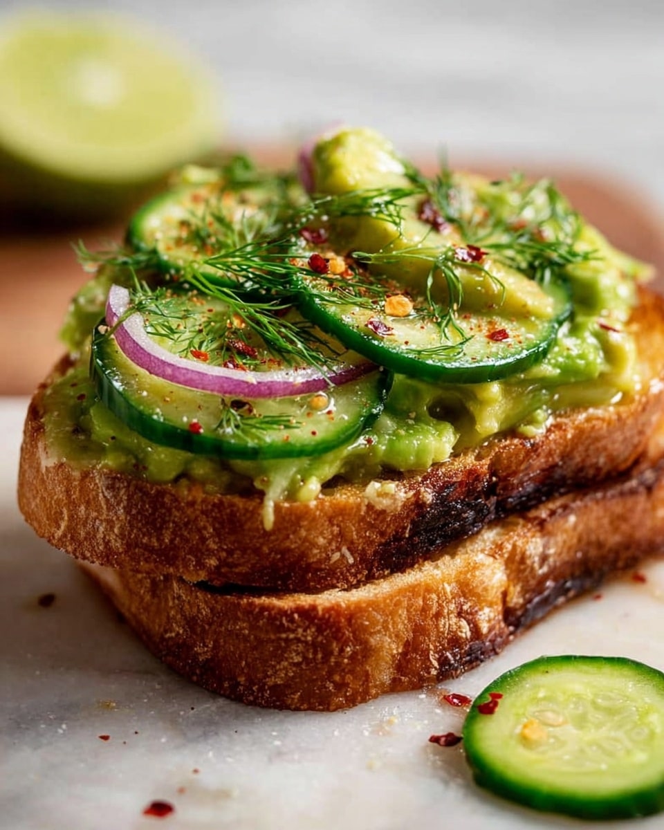 The image shows two thick slices of toasted bread stacked on each other with a golden crust and soft inside, topped with a spread of smashed avocado that is light green and slightly chunky. On top of the avocado are round slices of fresh cucumber with a cool green color and thin red onion slices, adding a layer of translucent purple. Sprigs of fresh dill are scattered over the top, adding fine green detail, and a sprinkle of red chili flakes gives small bright red specks. A halved lime is partially blurred in the background, and a round cucumber slice rests on the surface near the toast, all placed on a white marbled texture. photo taken with an iphone --ar 4:5 --v 7