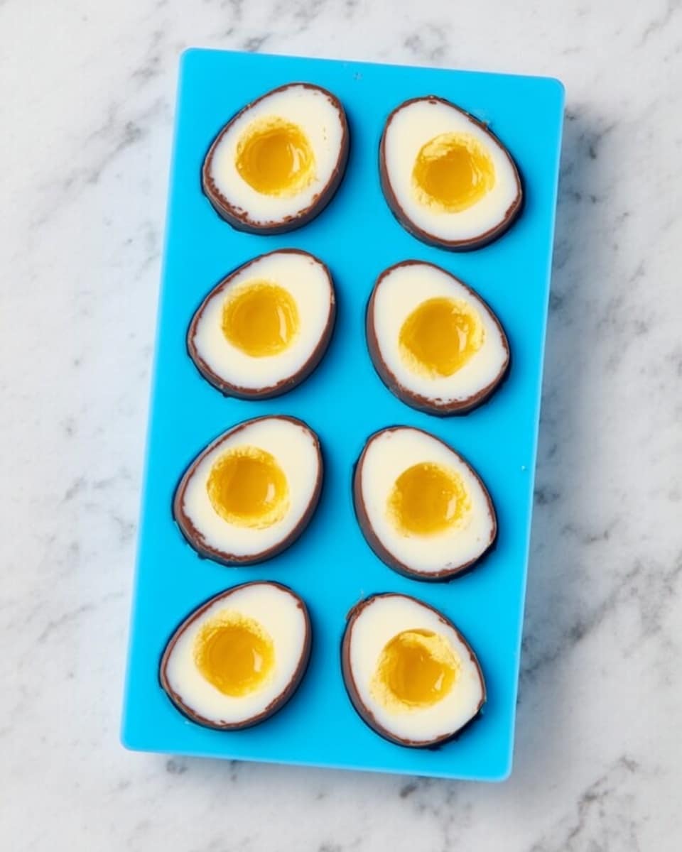 The image shows a blue silicone mold placed on a white marbled surface, containing eight oval-shaped pieces that look like small eggs. Each piece has three layers: a thin dark brown outer layer, a thick white middle layer, and a bright yellow round center resembling an egg yolk. The pieces are neatly arranged in two columns of four. The overall look is clean and visually neat, with smooth textures and clear color contrasts between the layers. photo taken with an iphone --ar 4:5 --v 7