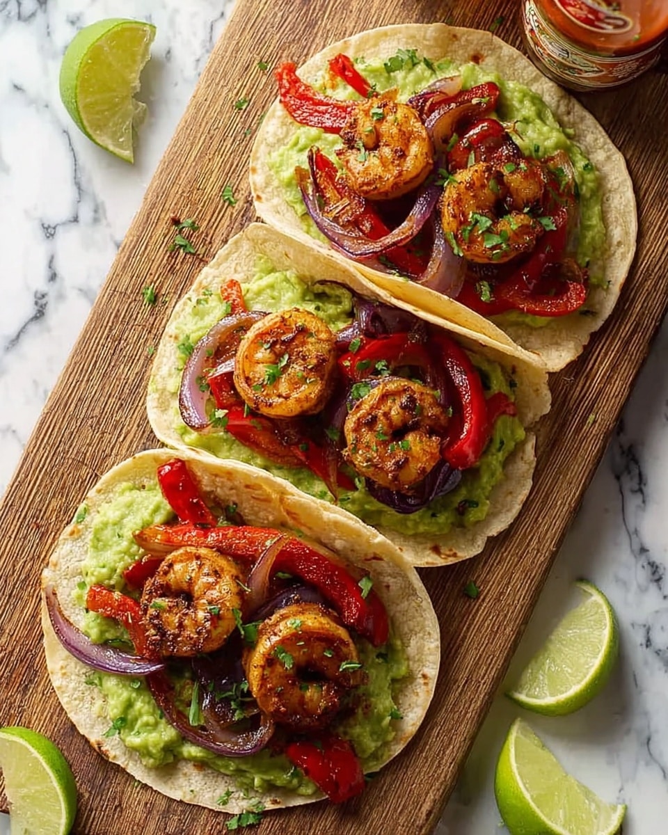Three soft tortillas lie side by side on a wooden board over a white marbled surface. Each tortilla is spread with a thick layer of green guacamole as the base. On top, there are roasted red pepper strips and sautéed sliced red onions, adding a mix of bright red and purple colors. Each taco has three seasoned, grilled shrimp with a golden-brown color sitting on the vegetables. Small green herb bits are sprinkled on the shrimp and guacamole. Lime wedges are placed around the board, and there is a bottle of hot sauce near the top right. Photo taken with an iphone --ar 4:5 --v 7