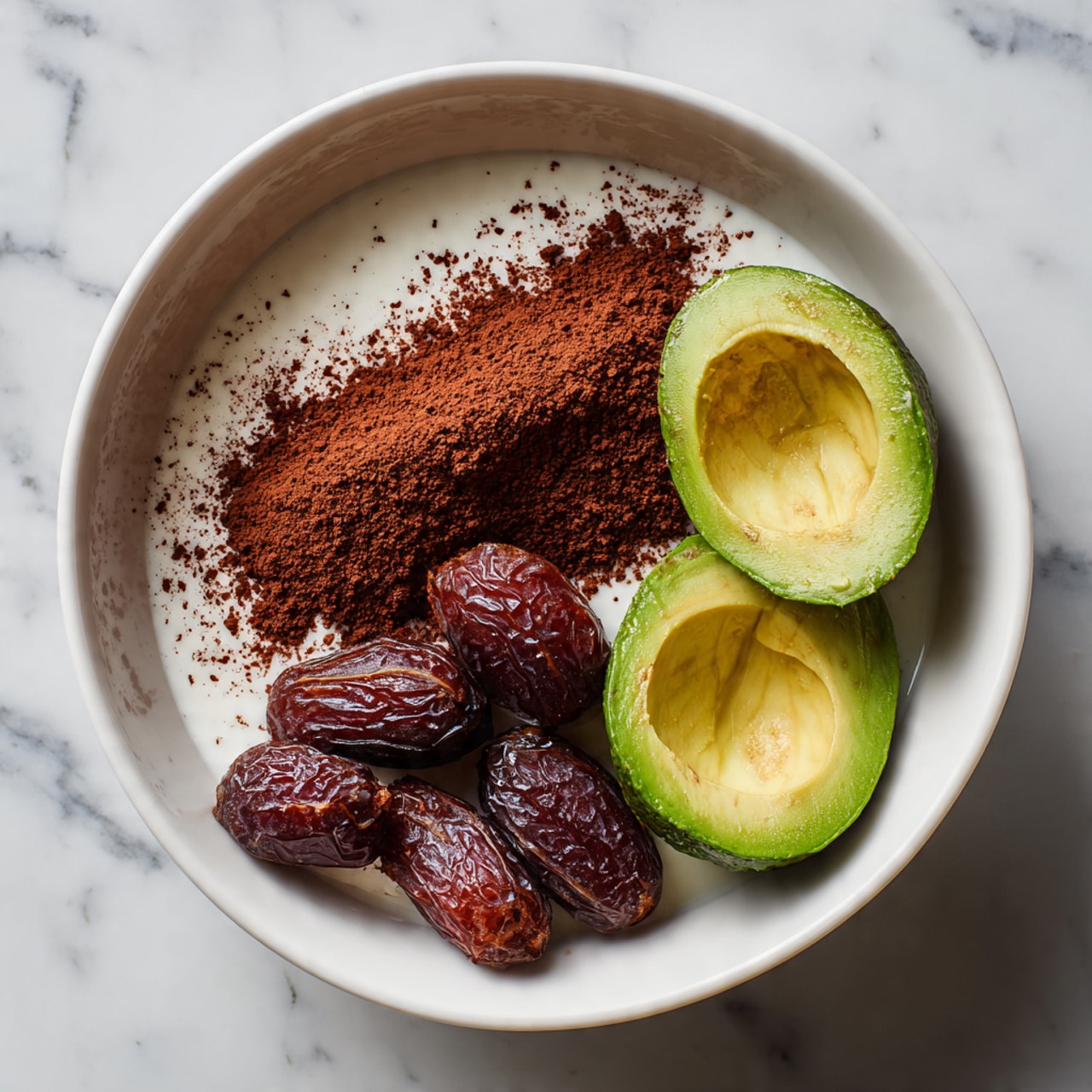A white bowl with a layer of dark brown cocoa powder on one side, several reddish-brown dates grouped next to it, two halves of a green avocado placed opposite the cocoa powder, and a small splash of white milk on the side. The bowl is placed on a white marbled surface. Photo taken with an iphone --ar 4:5 --v 7