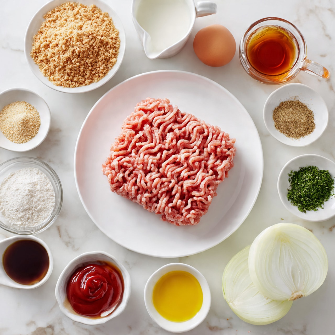 The image shows a white plate with a block of raw ground turkey, pinkish in color with textured lines from the grinding process, placed on a white marbled surface. Surrounding the plate are small white bowls and jars containing different ingredients: a bowl with light brown gluten free breadcrumbs, a small white creamer with milk, a clear glass bowl holding a brown egg, a small white bowl with smooth red ketchup, another with yellow Dijon mustard, and a bowl with dark Worcestershire sauce. There is a round white bowl divided into four sections showing dried parsley in green, garlic powder in pale yellow, white salt, and black pepper. Also present is a small amber glass bowl holding maple syrup, and a small white dish with half a peeled white onion, showing its smooth, layered texture. Photo taken with an iphone --ar 4:5 --v 7