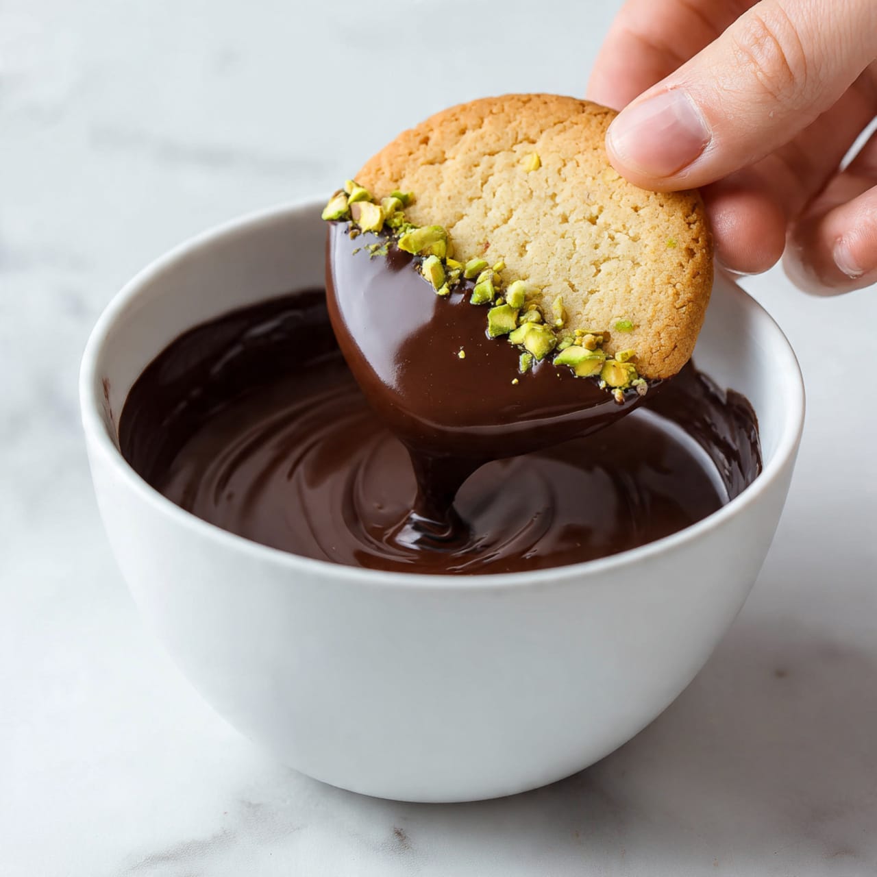 The image shows a white bowl filled with smooth, dark brown melted chocolate. Part of a light green and yellow cookie with visible pistachio nuts is being dipped into the chocolate by a woman's hand. The chocolate coats the bottom half of the cookie with a shiny texture, and there are some chocolate drips on the inner sides of the bowl. The background features a white marbled surface, creating a clean and bright setting. photo taken with an iphone --ar 4:5 --v 7
