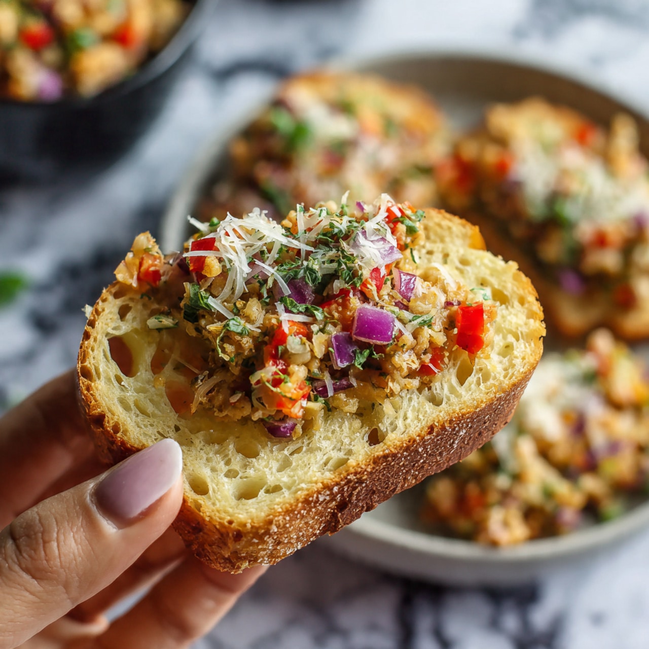 A close-up of a woman's hand holding a piece of light yellow bread with many small holes, topped with a creamy white spread mixed with small chunks of red bell pepper, purple onion, and shredded white cheese, with a few green herbs visible; the background shows more of the creamy spread in a white bowl on a white marbled surface, slightly out of focus. photo taken with an iphone --ar 4:5 --v 7