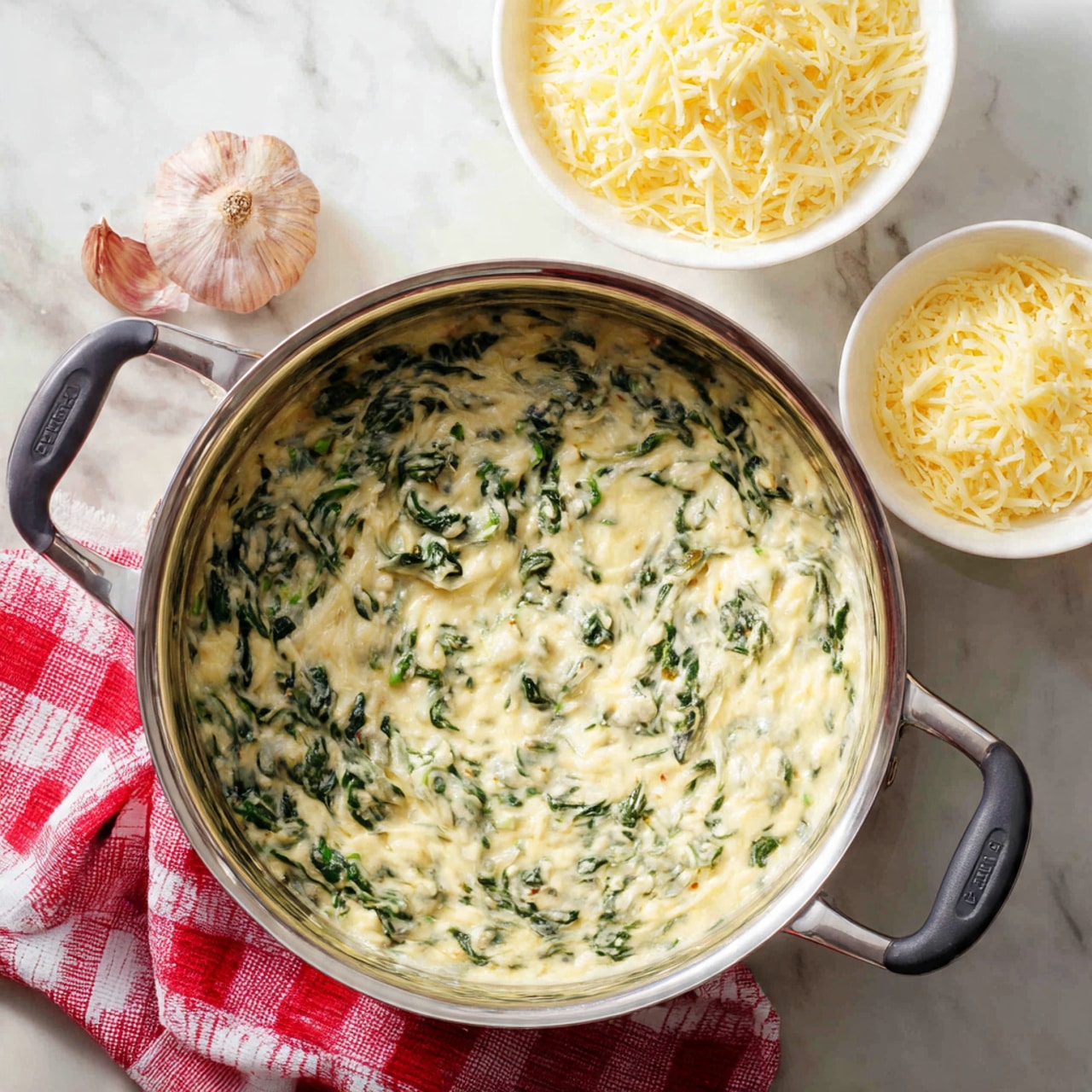 A large stainless steel pot filled with a creamy mixture that is half white and half dark green, showing a texture of melted cheese and cooked spinach mixed together. Above the pot, there are two white bowls filled with finely shredded pale yellow cheese. The pot and bowls are placed on a white marbled surface, with a red and white checkered cloth and a garlic bulb resting next to the pot. The handles of the pot are dark gray and the image has a warm, natural light. Photo taken with an iphone --ar 4:5 --v 7