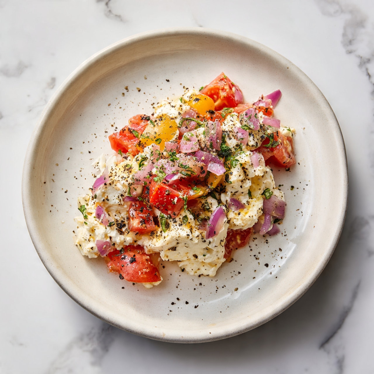 The dish shows a serving on a white plate, placed on a white marbled surface. The bottom layer is white and creamy, with firm, cooked pieces mixed in. On top, there are small bright red chunks of tomatoes mixed with parts of soft red onion, sprinkled with herbs and black pepper. The overall look is fresh and colorful in a simple, slightly messy arrangement. photo taken with an iphone --ar 4:5 --v 7