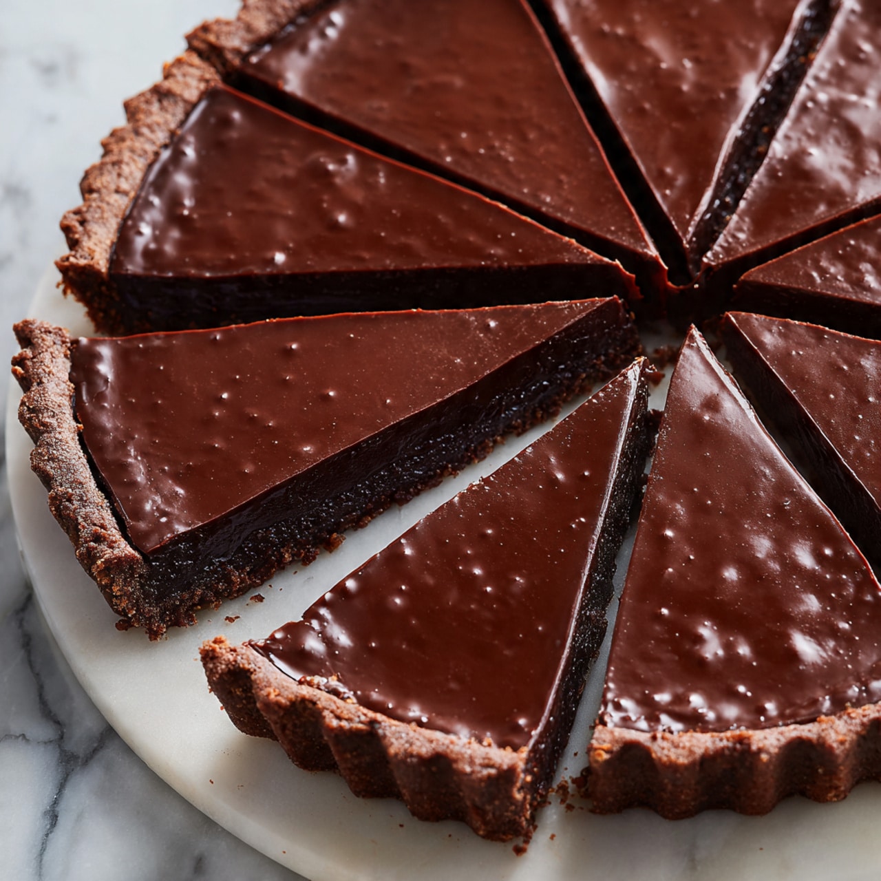 A close-up of a chocolate tart sliced into eight even pieces, showing two distinct layers: a smooth, shiny dark brown chocolate top layer with slight ripples and a darker, firm crust beneath it, all resting on a white marbled surface. The tart's edges are cleanly cut, and the rich chocolate texture is glossy and dense, filling the frame with deep, uniform brown tones. photo taken with an iphone --ar 4:5 --v 7