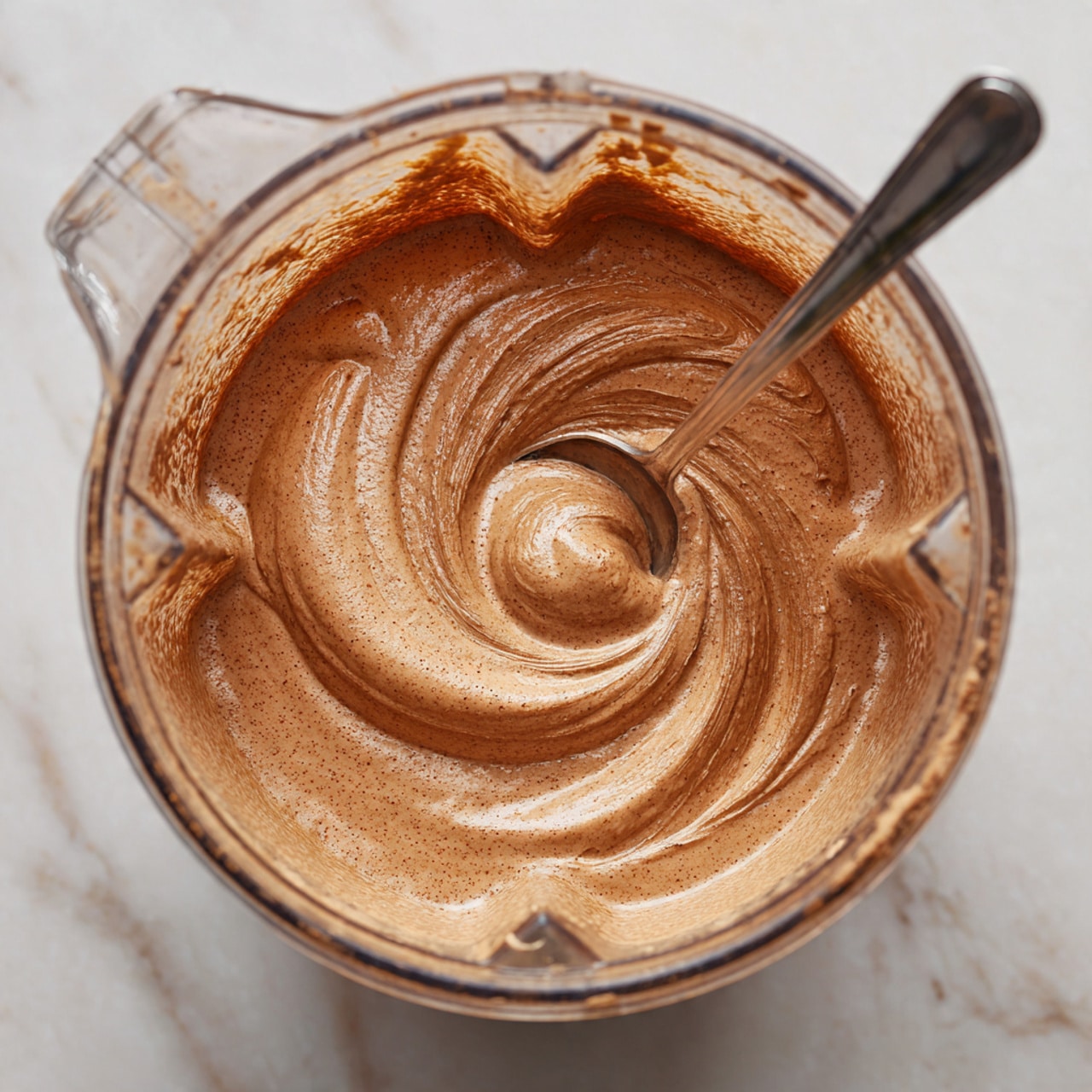 A close-up top view of a transparent blender container filled with smooth, light brown chocolate mixture. A silver spoon is inside the blender, resting in the center with a swirl of the thick mixture around it. The background shows a white marbled surface. photo taken with an iphone --ar 4:5 --v 7