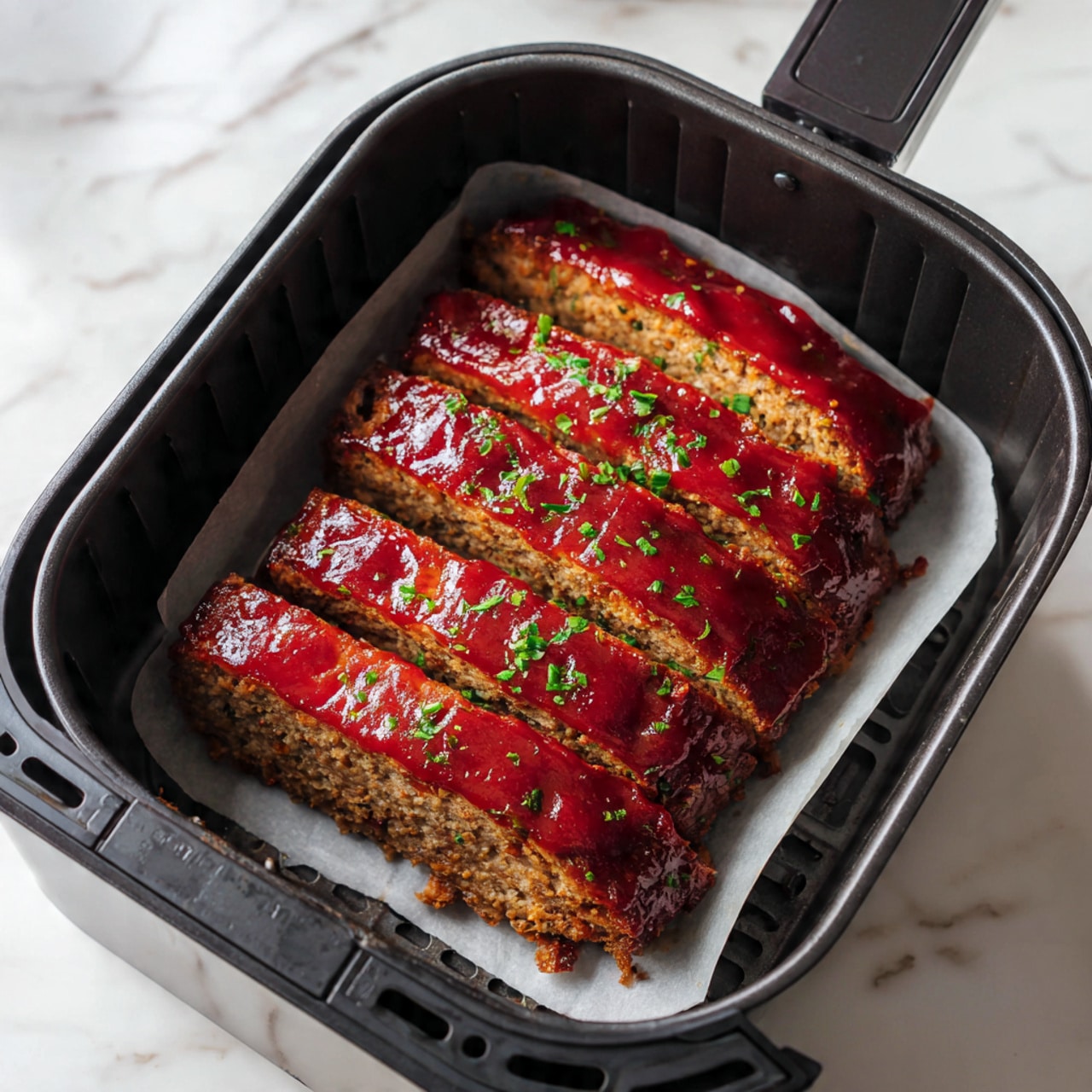 A shiny, reddish-brown glazed meatloaf sliced into seven thick pieces sits on a white parchment paper inside a black air fryer basket. The top layer shines with a bright red sauce, sprinkled with chopped green herbs. The meat underneath looks browned and slightly crumbly, visible through the slices. The air fryer basket has ventilation holes, and the whole scene is set on a white marbled surface. photo taken with an iphone --ar 4:5 --v 7