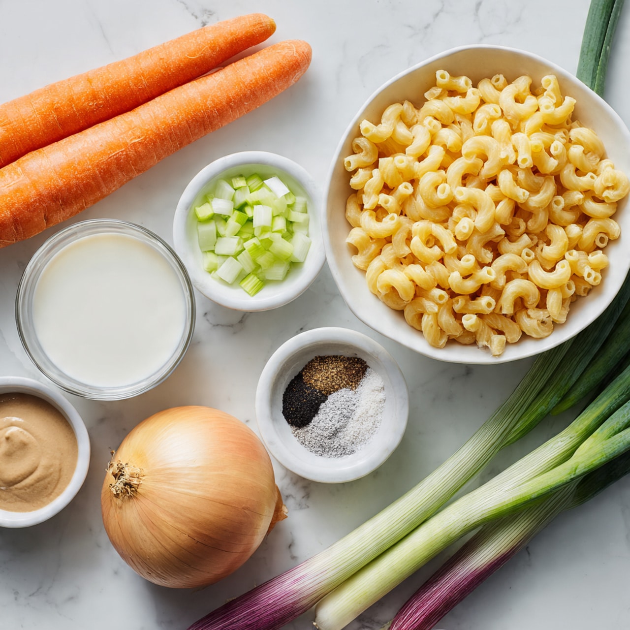 The image shows a top-down view of several ingredients neatly arranged on a white marbled surface. There is one whole bright orange carrot on the left, and a bunch of long, green onions with purple bases on the right side. In the center, a white bowl filled with uncooked, curved yellow macaroni sits next to smaller white bowls holding white oat milk, a dark beige brown sugar, light brown vegan mayo with a smooth creamy texture, white salt grains, chopped pale green celery, and light yellow vinegar. A small white bowl contains a pile of black pepper powder. A whole yellow onion with a smooth brown outer layer is placed near the bottom right. All ingredients are separated clearly, creating a clean and organized look. Photo taken with an iphone --ar 4:5 --v 7