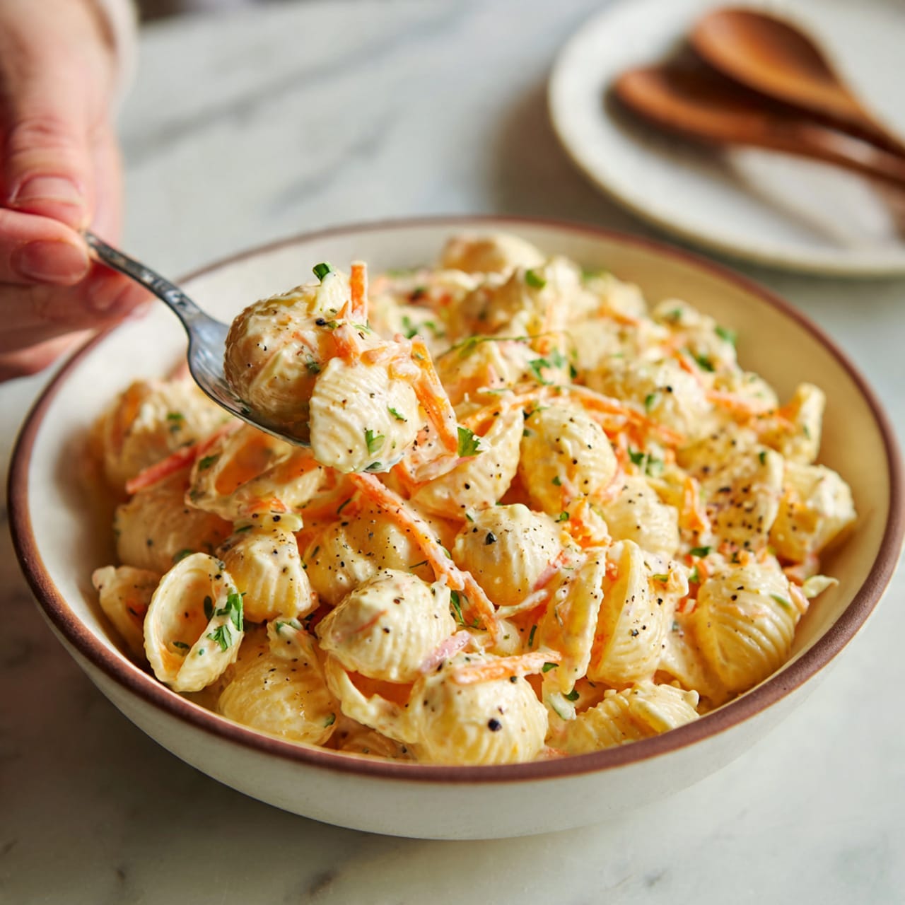 This image shows a close-up of creamy macaroni salad in a white bowl with a brown rim on a white marbled surface. The macaroni is shell-shaped, coated in a smooth, pale yellow mayonnaise-like sauce. Mixed within are thin orange carrot shreds and small bits of green herbs, possibly parsley, scattered on top and throughout the salad. Some black pepper pieces add specks of dark color. A metal spoon is lifting a portion of the macaroni salad, held by a woman's hand on the left side. The background is softly blurred with a white plate and wooden spoon lying on the white marbled surface behind the bowl. Photo taken with an iphone --ar 4:5 --v 7