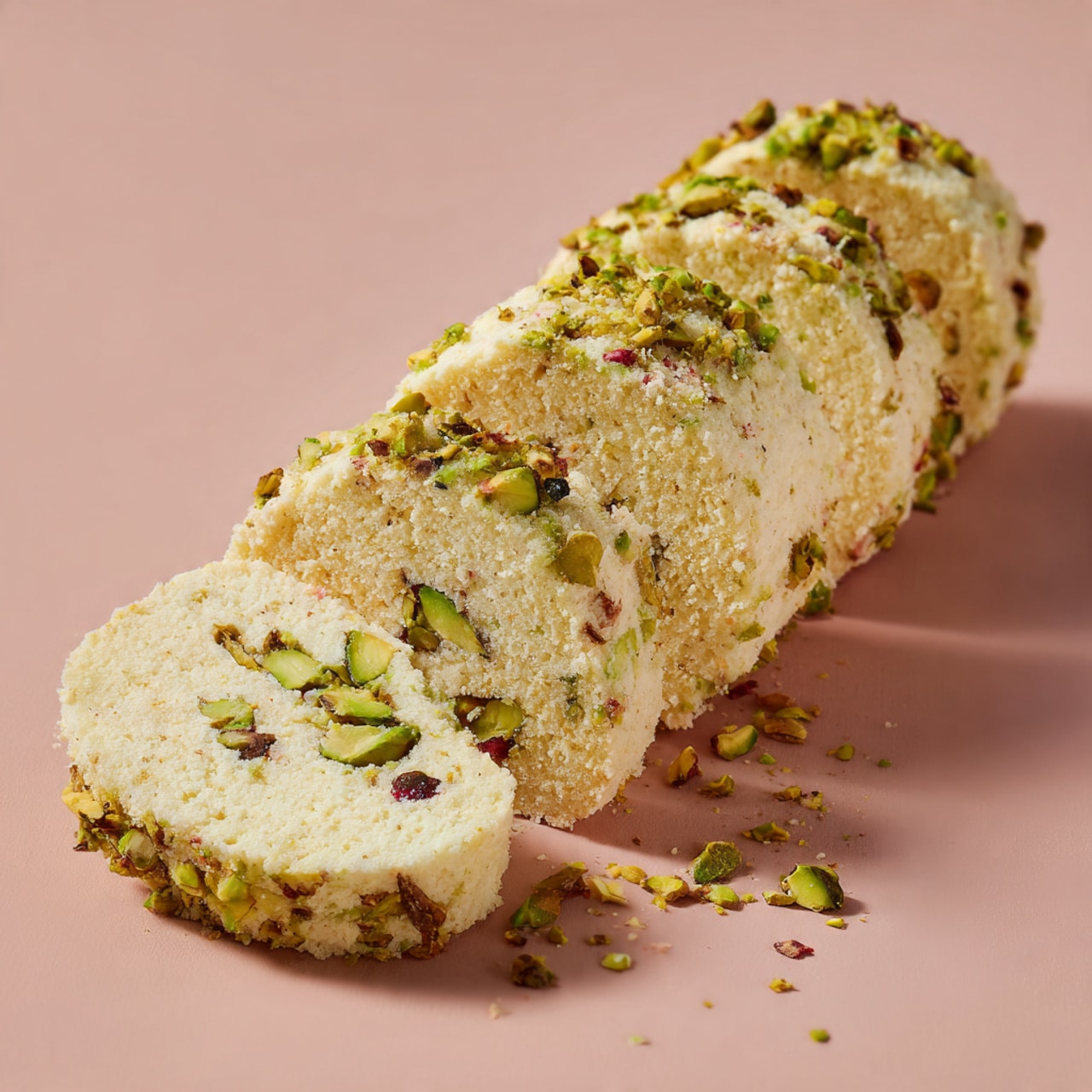 A log-shaped dessert with a pale yellow color is shown on a flat surface. It is sliced into four round pieces, each slice revealing green pistachio bits scattered inside. The texture looks crumbly and soft, with pistachios visible both on the top layer and inside the slices. The surface under the dessert is a solid light pinkish-beige color. The pieces are lined up diagonally from the log, with the sliced ends facing forward. photo taken with an iphone --ar 4:5 --v 7